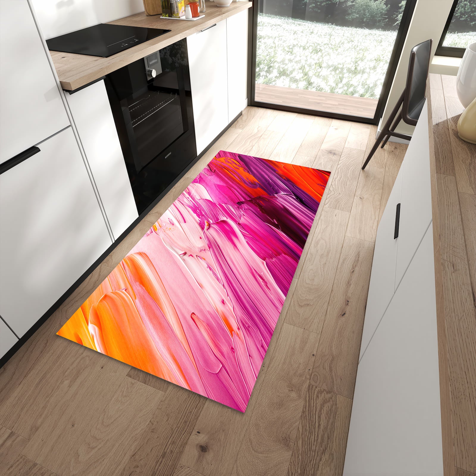 Geruchsneutraler Bodenläufer Teppich mit Motiv Pinselstriche in moderner Küche