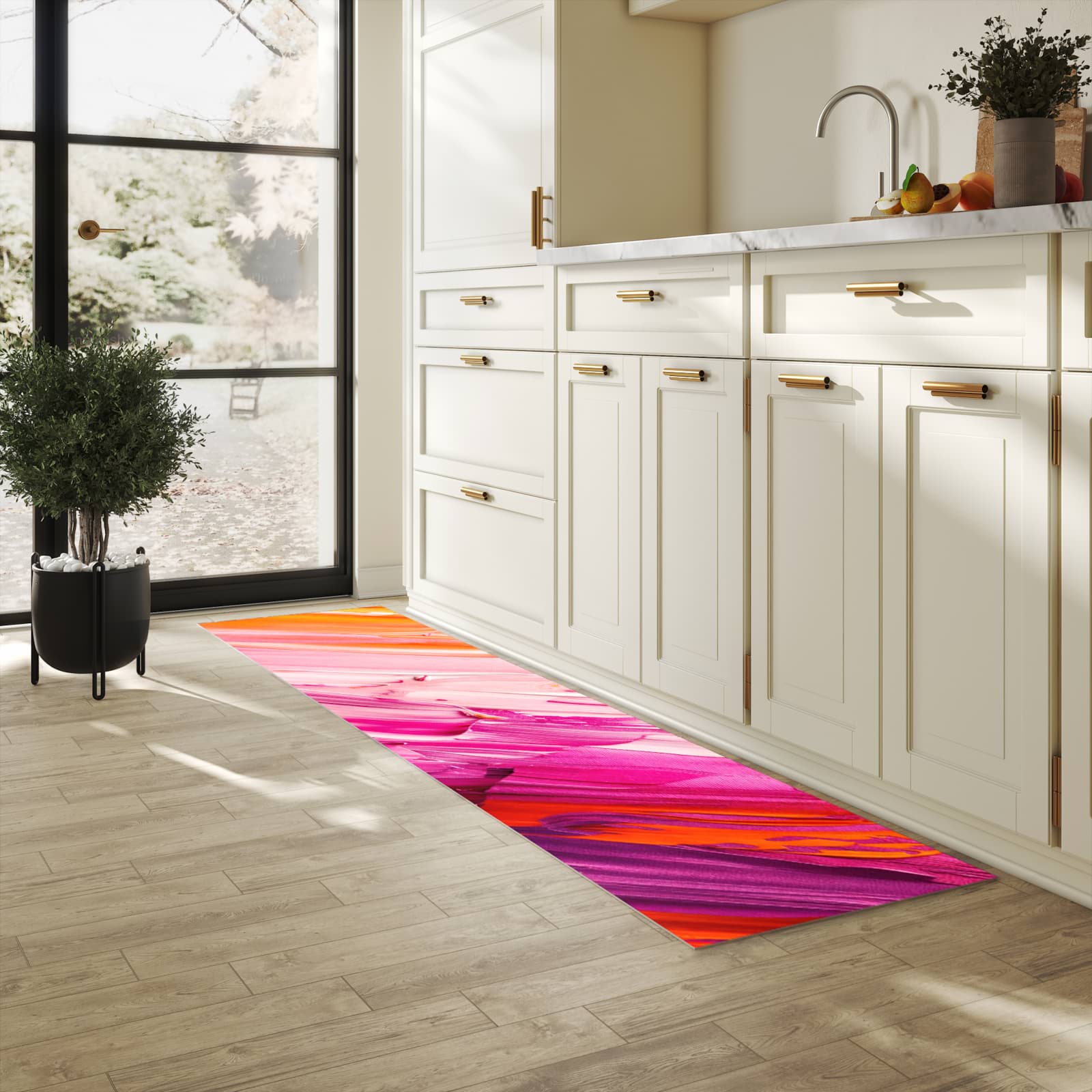 Abriebfester Küchenläufer mit Motiv Pinselstriche in heller Küche