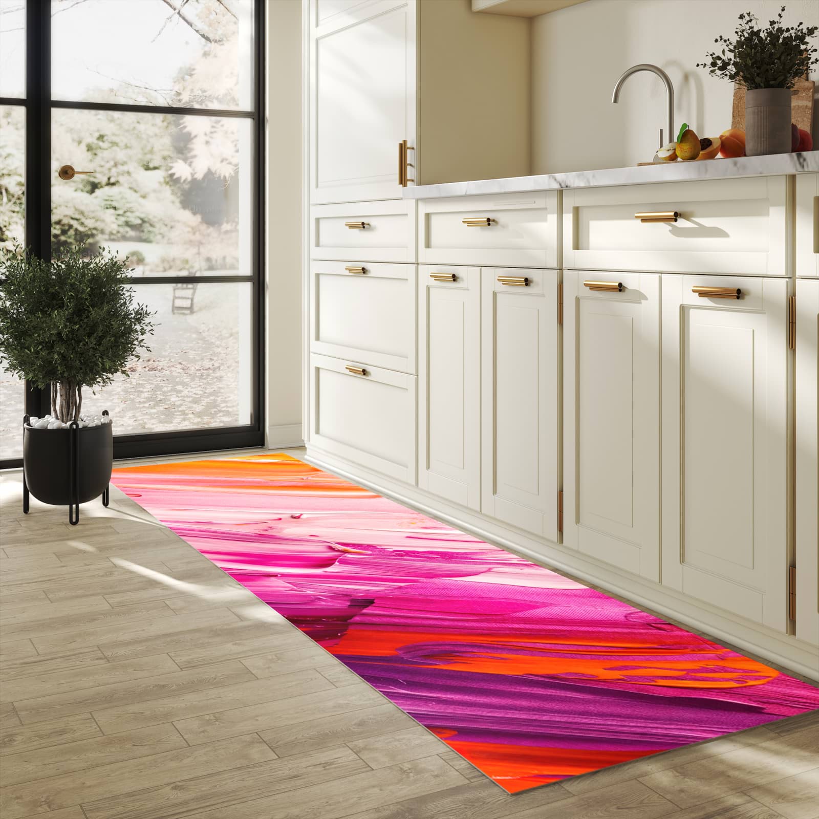 Geruchsneutraler rutschfester Küchenläufer mit Motiv Pinselstriche in heller Küche