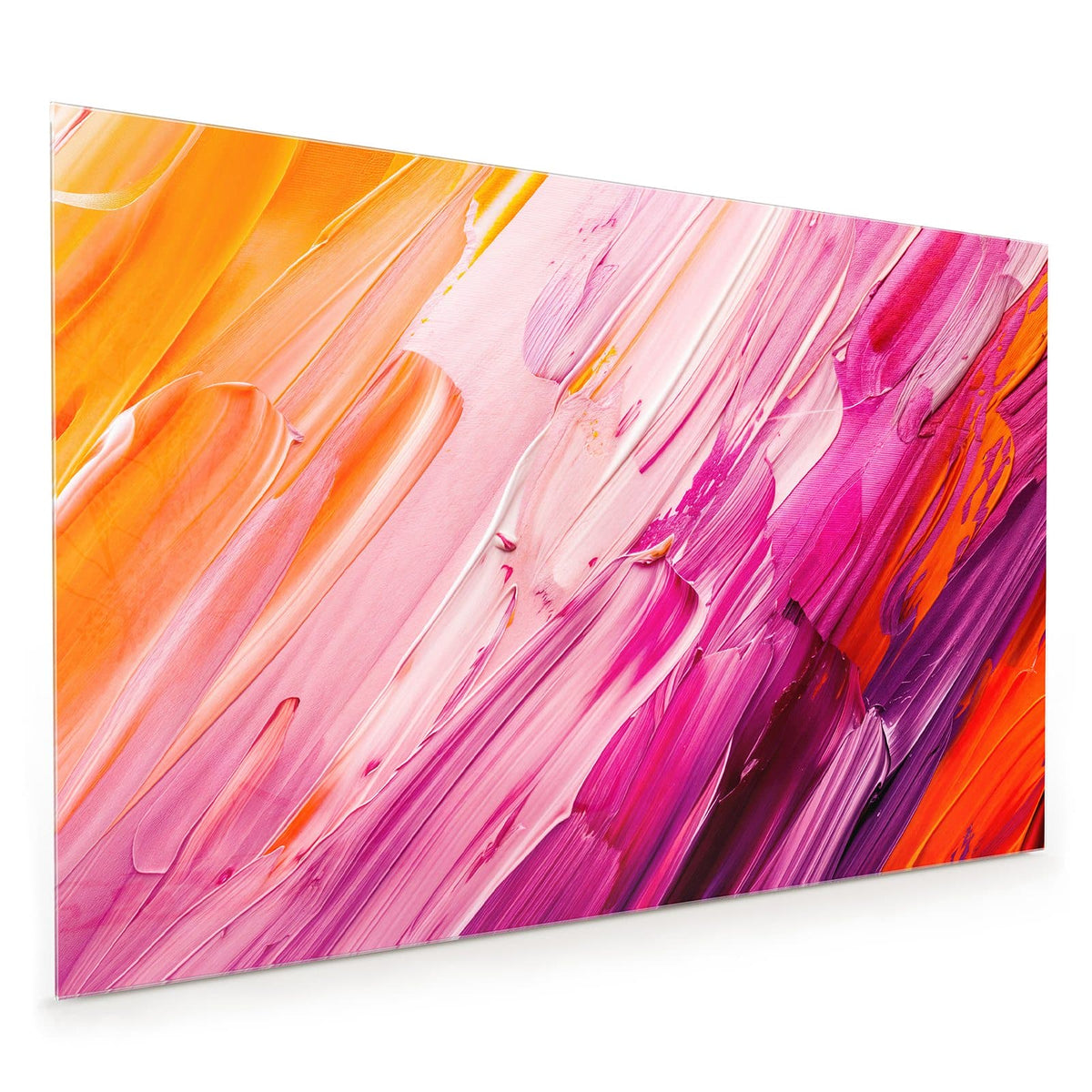 Küchenrückwand aus Glas im Hochformat mit Motiv Rosa Pinselstriche: Dicke diagonale Farbstriche in Rosa, Magenta, Weiß und etwas Orange