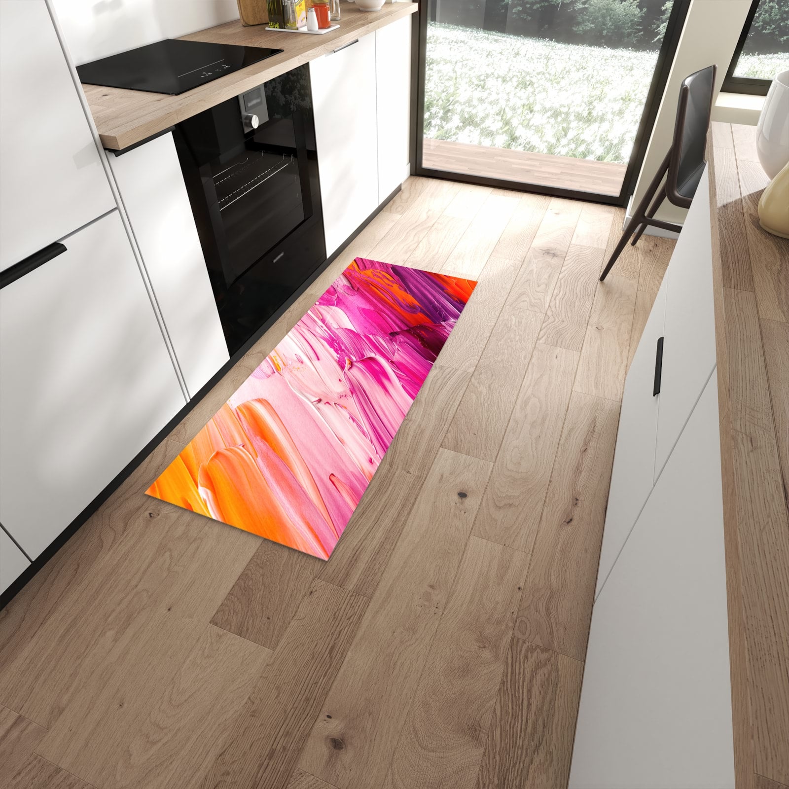 Formstabiler langer Teppich mit Motiv Pinselstriche in moderner Küche #grösse_60 x 150 cm