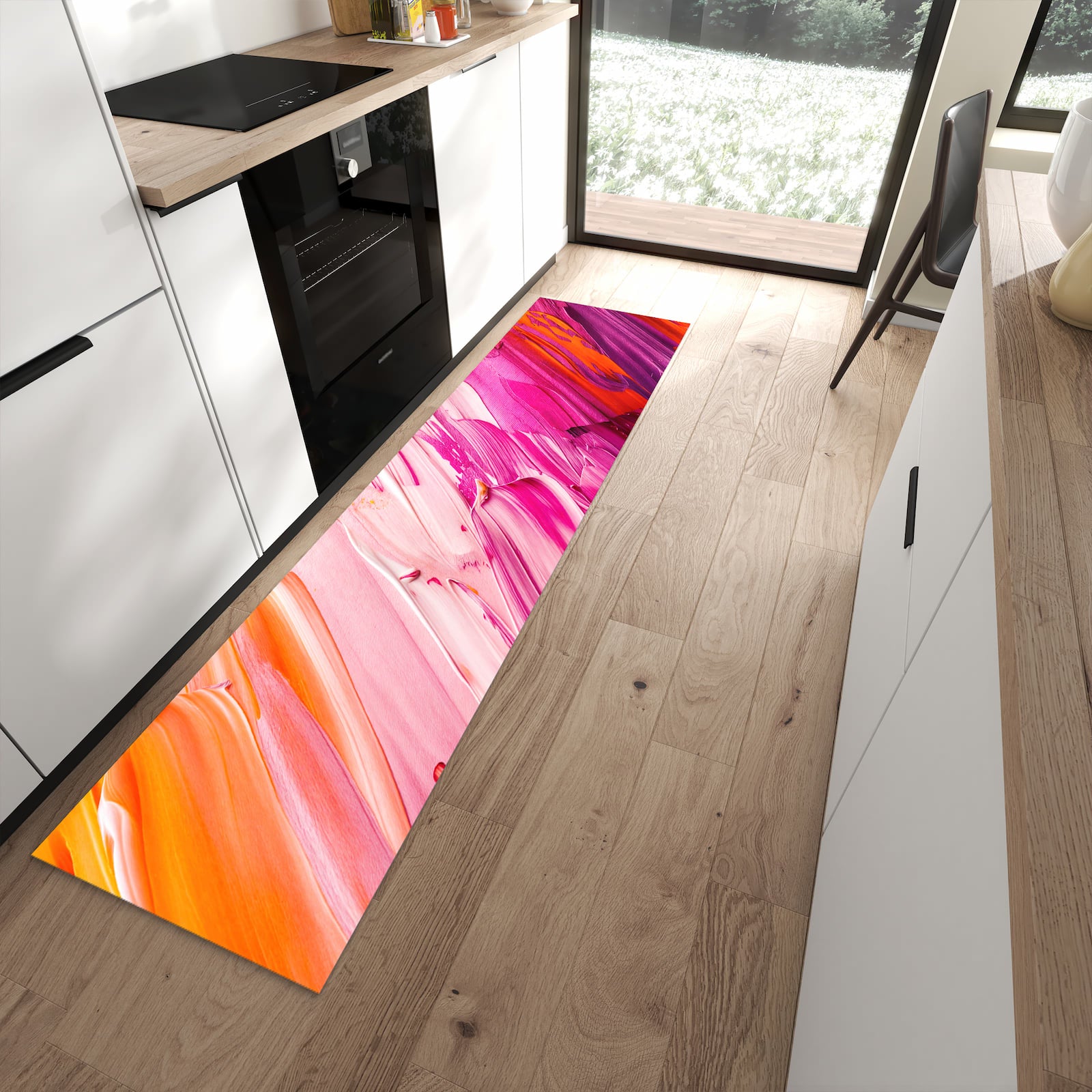 Zeitsparender rutschfester Läufer mit Motiv Pinselstriche in moderner Küche