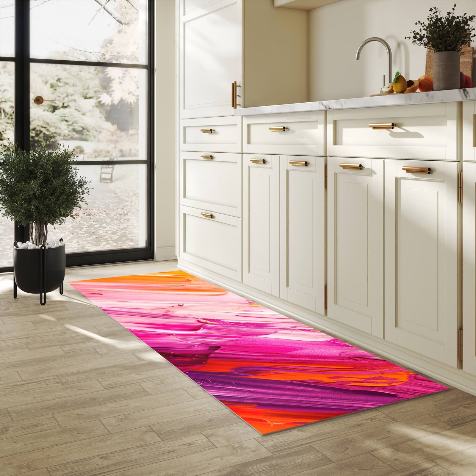 Fleckenresistenter rutschfester Küchenläufer mit Motiv Pinselstriche in heller Küche