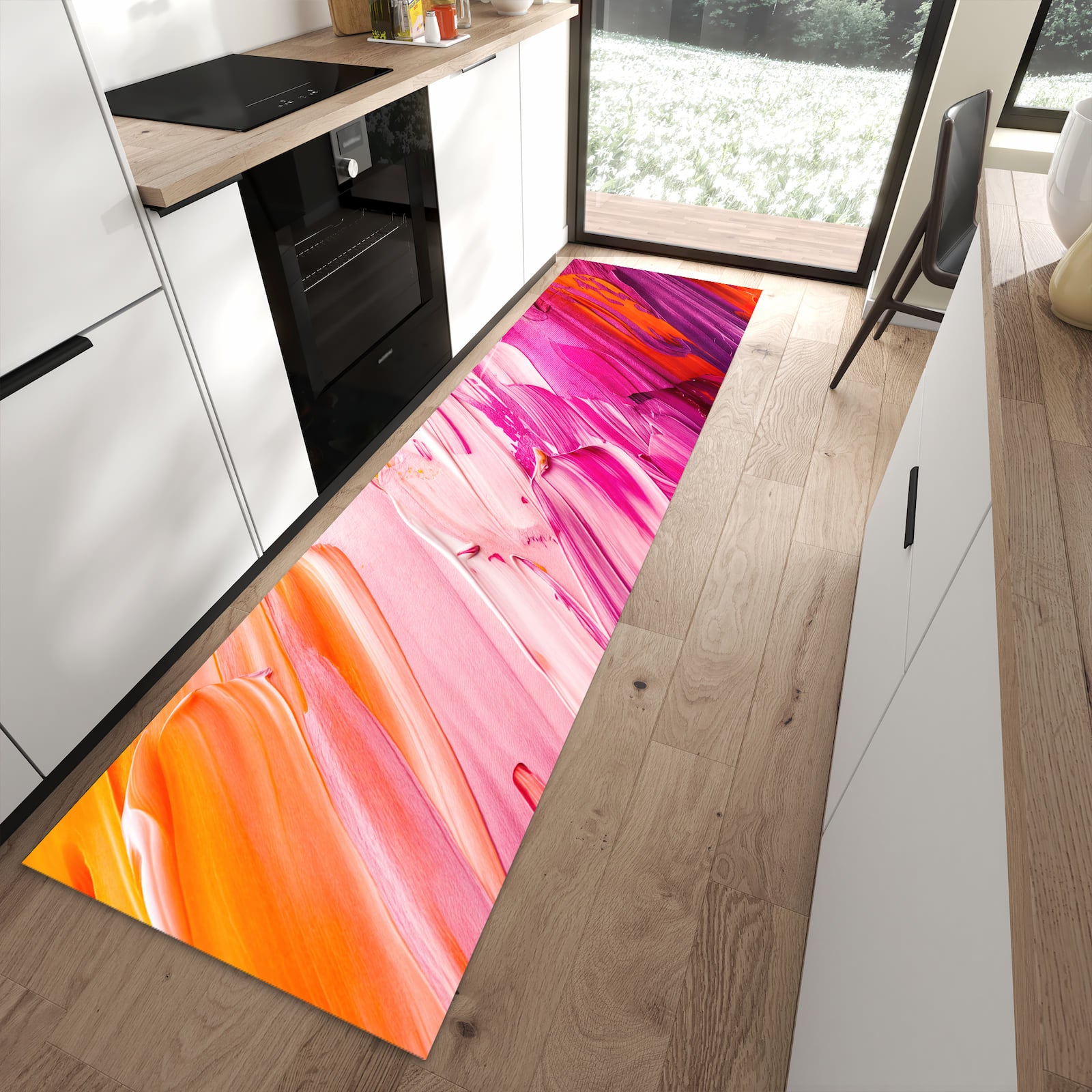 Fleckenresistenter rutschfester Küchenteppich mit Motiv Pinselstriche in moderner Küche