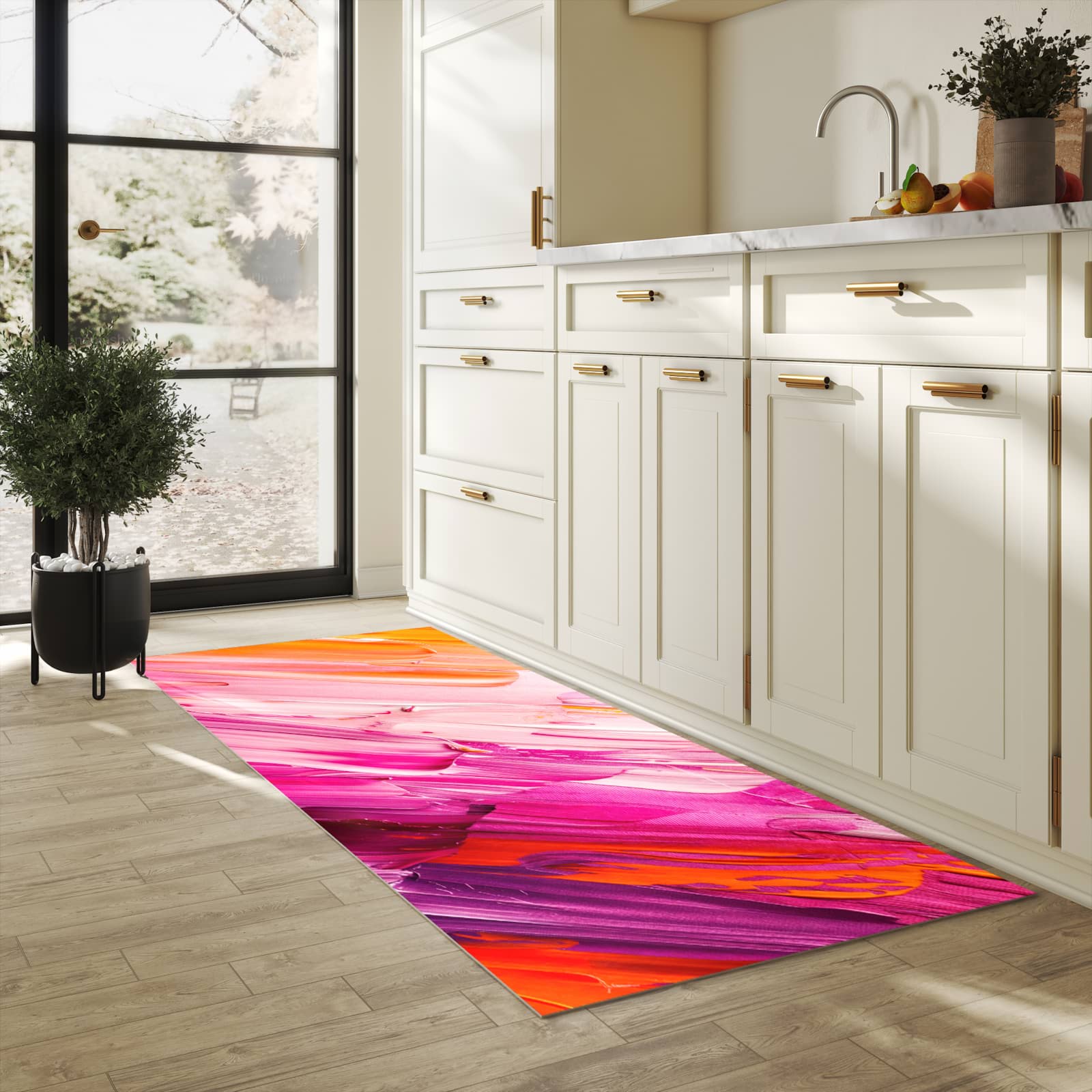 Flacher Küchenläufer nach Maß mit Motiv Pinselstriche in heller Küche