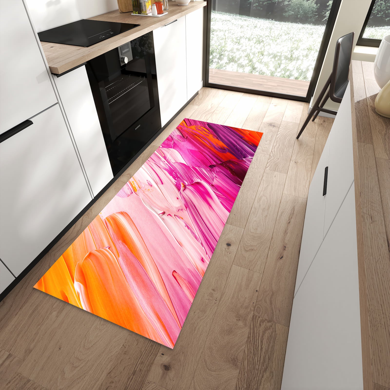 Küchenteppich mit Motiv Pinselstriche für Trittkomfort in moderner Küche, waschbar