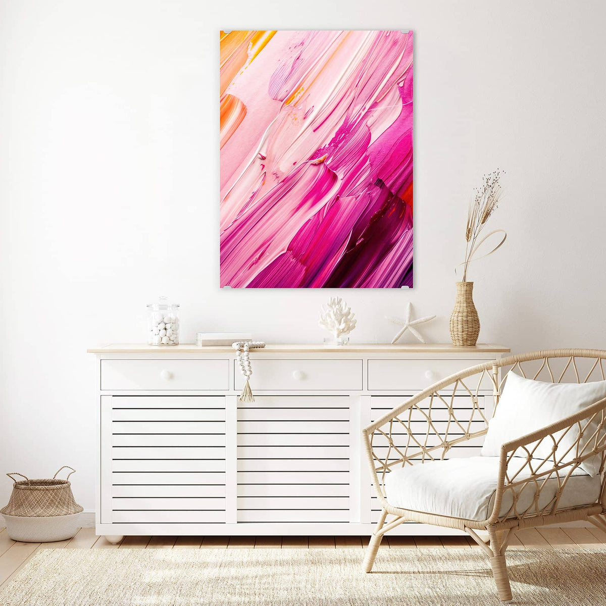 Aufhängung liegt bei – Motiv später wechselbar – Wandbild - Rosa Pinselstriche - Hochformat