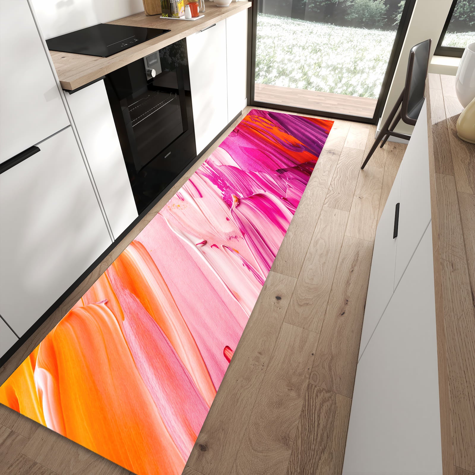 Schmutzabweisender Bodenläufer mit Motiv Pinselstriche in moderner Küche
