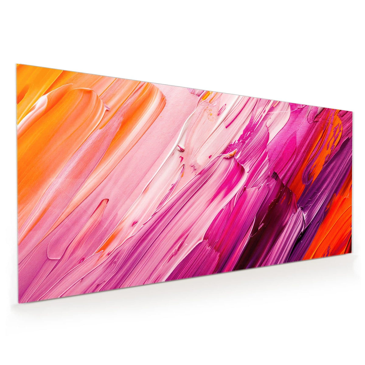 Küchenrückwand aus Glas im Hochformat mit Motiv Rosa Pinselstriche: Dicke diagonale Farbstriche in Rosa, Magenta, Weiß und etwas Orange
