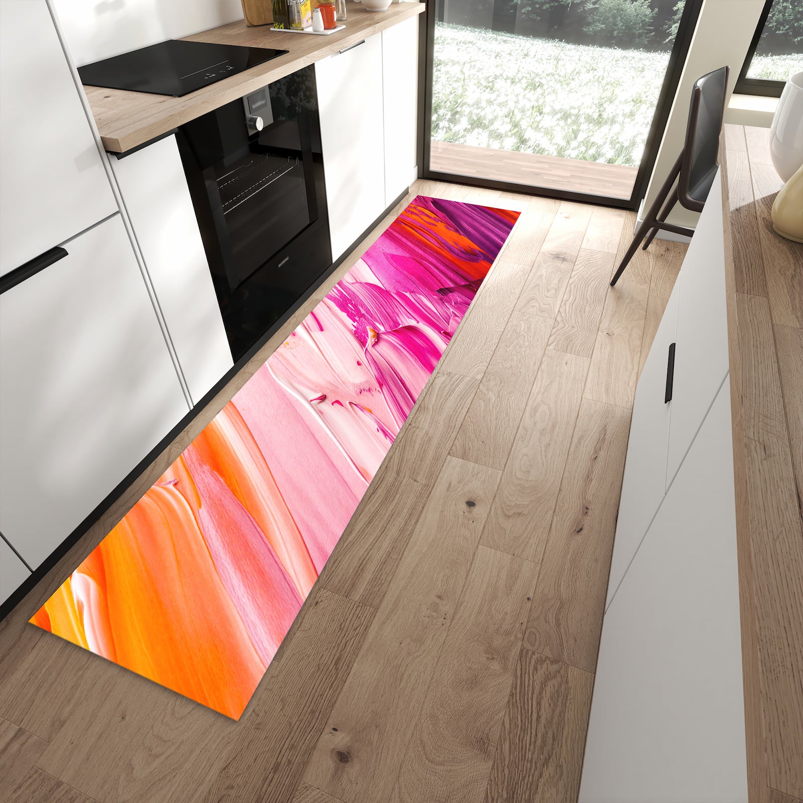 Geräuschdämpfender dünner Teppich mit Motiv Pinselstriche in moderner Küche