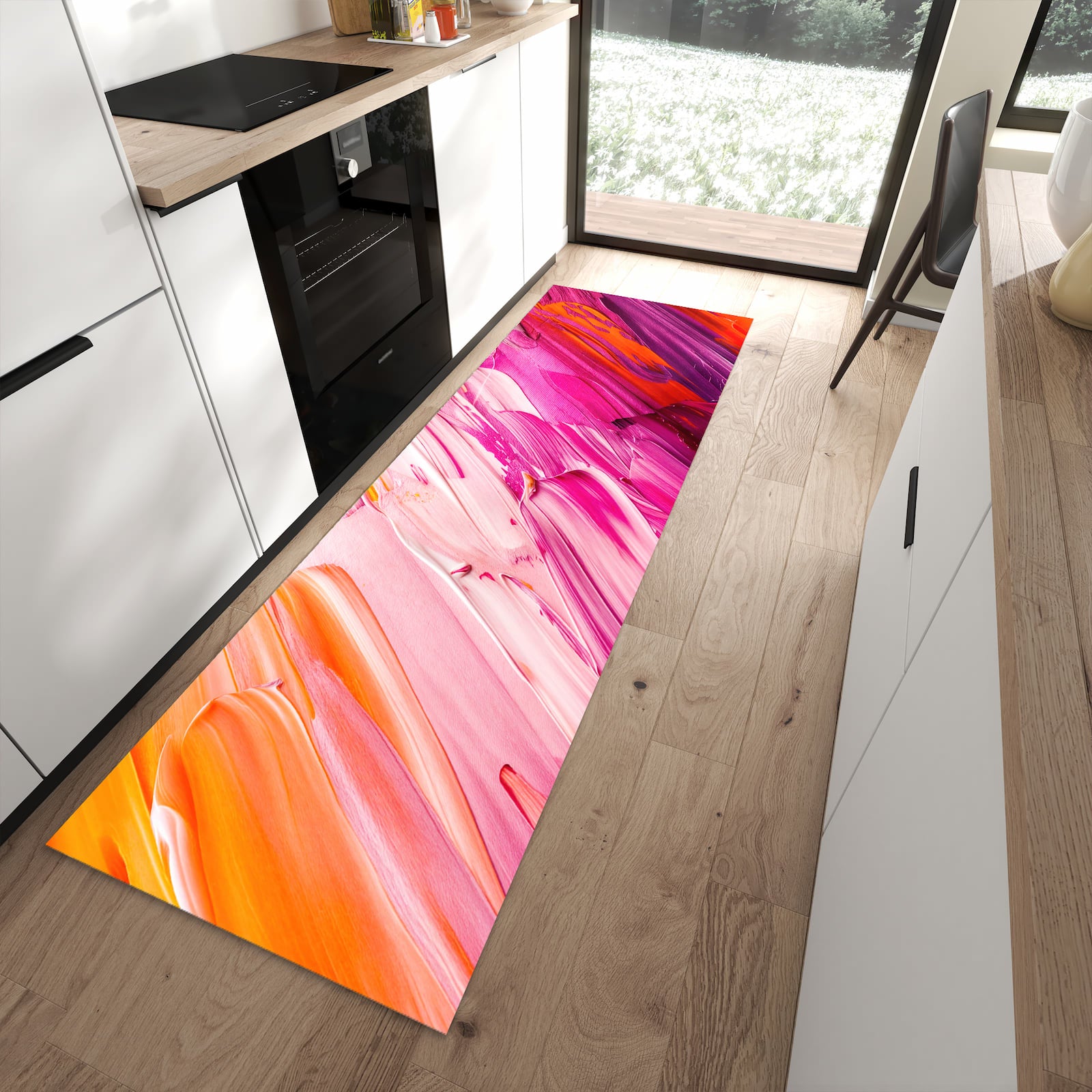 Wasserabweisender Teppich für Esstisch mit Motiv Pinselstriche in moderner Küche