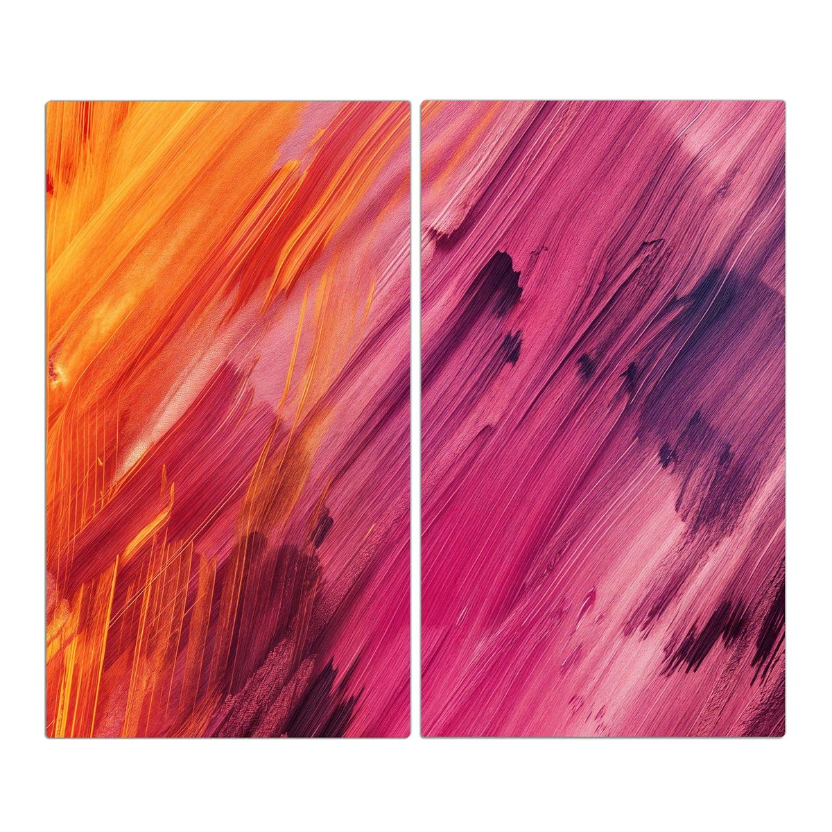 Diagonale Pinselstriche in Orange, Pink und Violett über die ganze Fläche