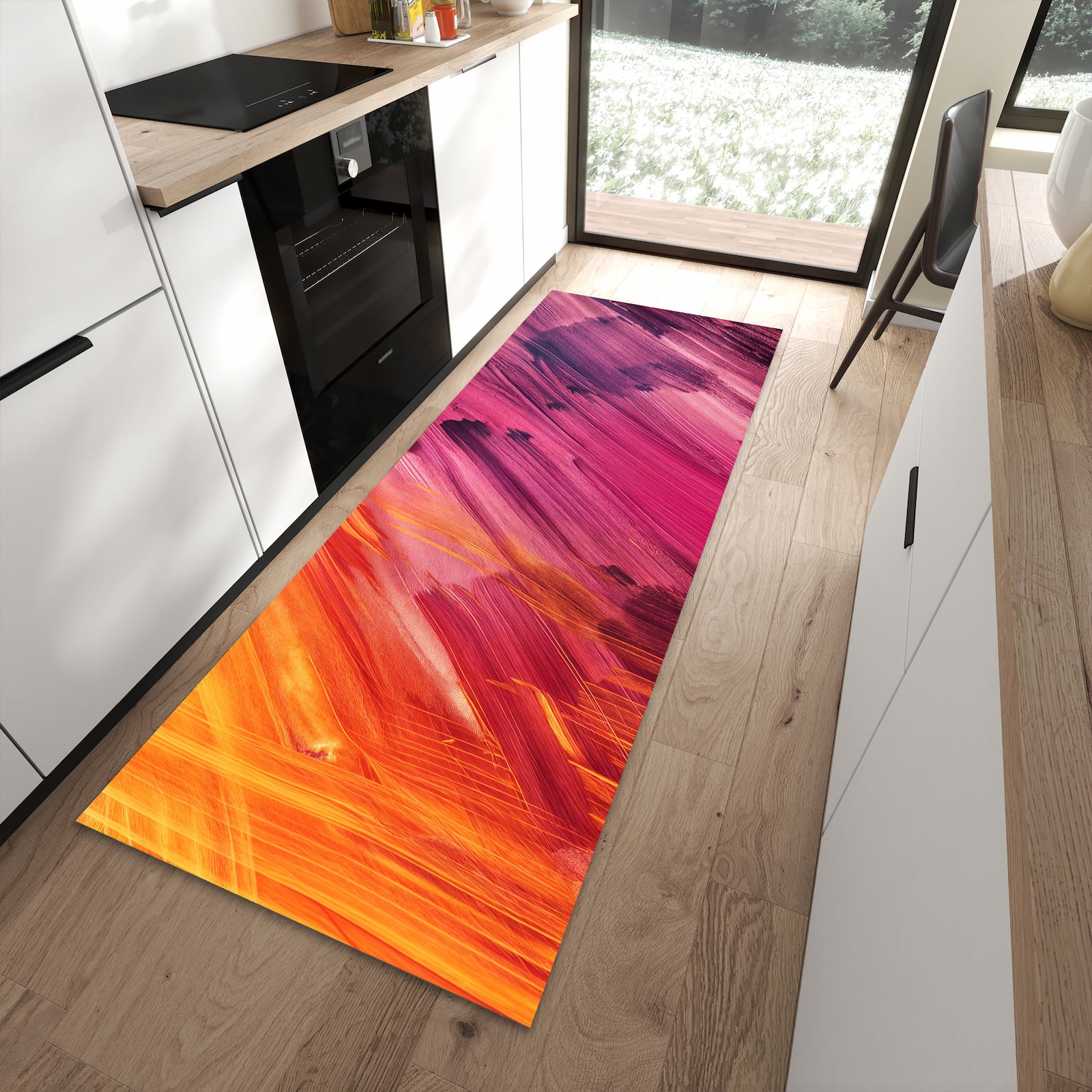 Bodenschonender waschbarer Küchenläufer mit Motiv Abstrakte Farben in moderner Küche