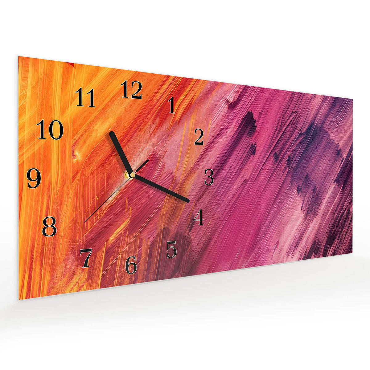 Vormontiert – mit Schwebeeffekt – Wanduhr Abstrakte Farben aus Glas – Querformat 60 × 30 cm