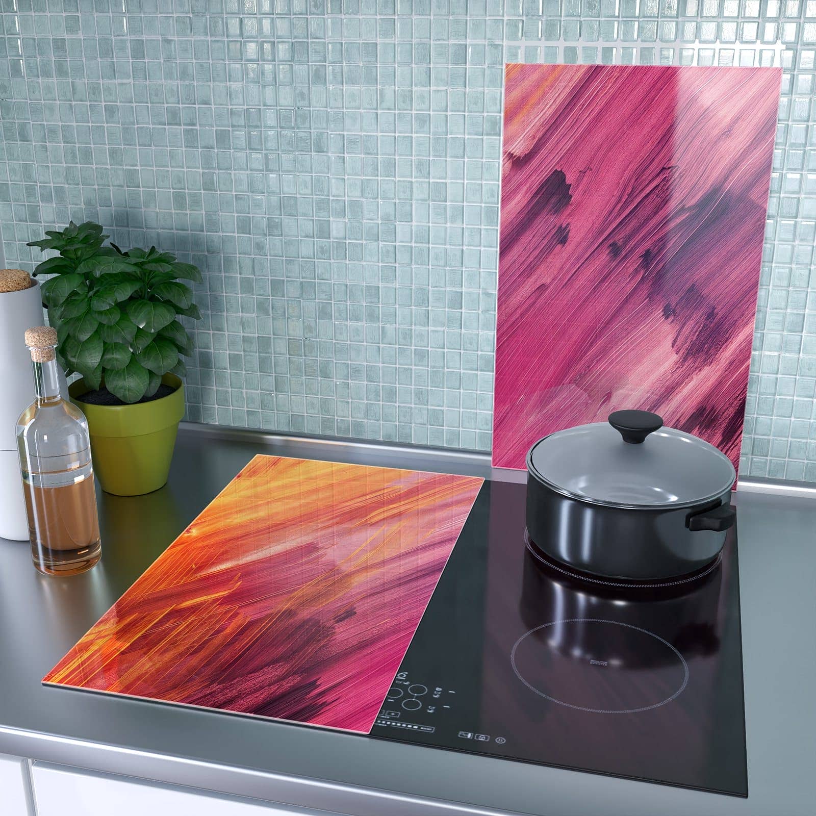 2-teilige Glasabdeckplatte für Ceranfeld mit Abstrakte Farben-Motiv als Spritzschutz hinter dem Kochfeld