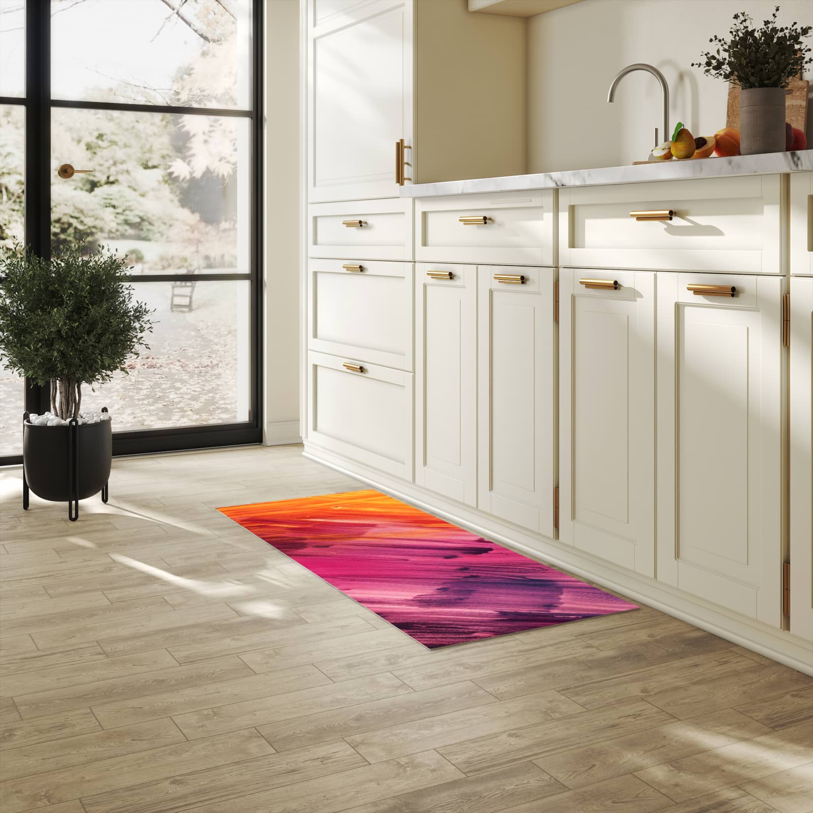 Waschbarer Teppich fürs Esszimmer mit Motiv Abstrakte Farben in heller Küche