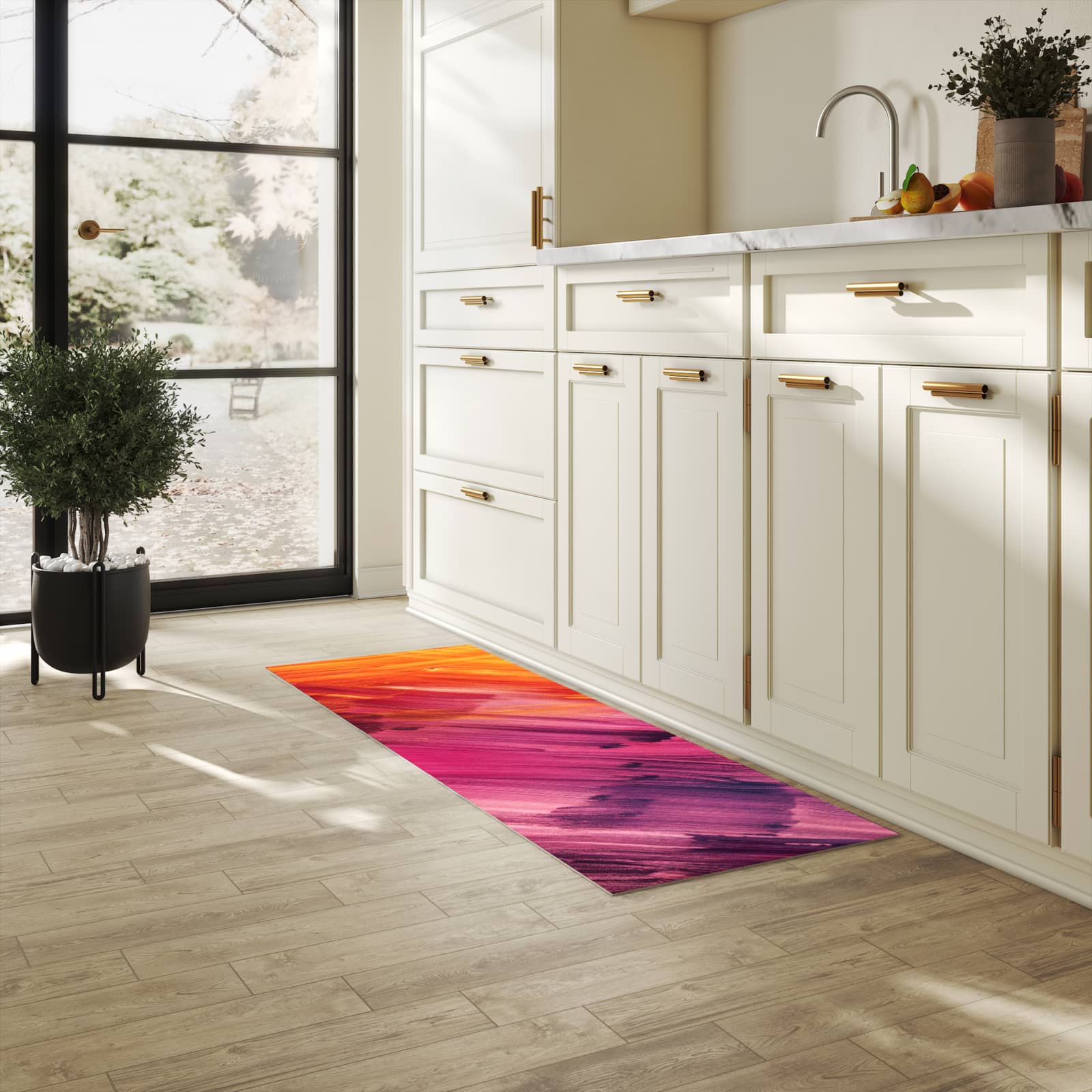 Küchenteppich mit angenehmer Haptik und Motiv Abstrakte Farben in heller Küche, waschbar