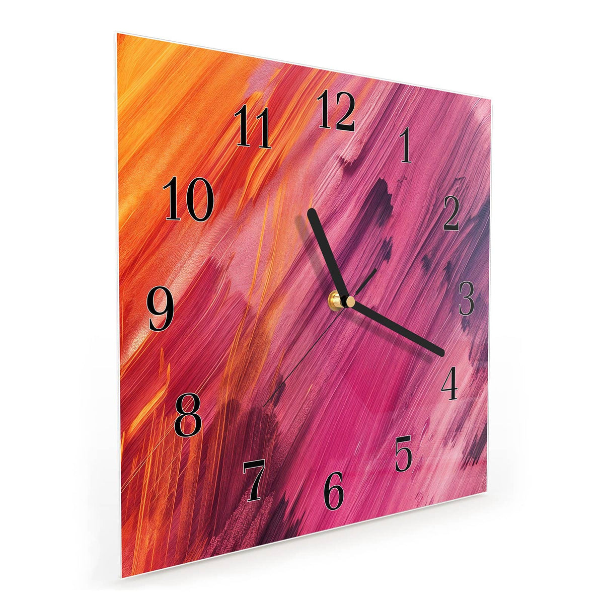 Quadratische Wanduhr aus Glas Diagonale Farbstriche schräg von der Seite, 4 mm starkes Glas