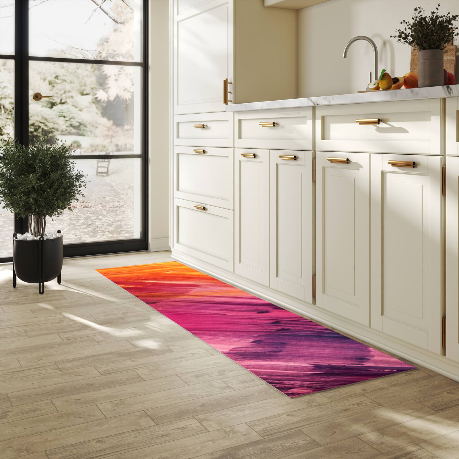 Hygienischer rutschfester Küchenteppich mit Motiv Abstrakte Farben in heller Küche