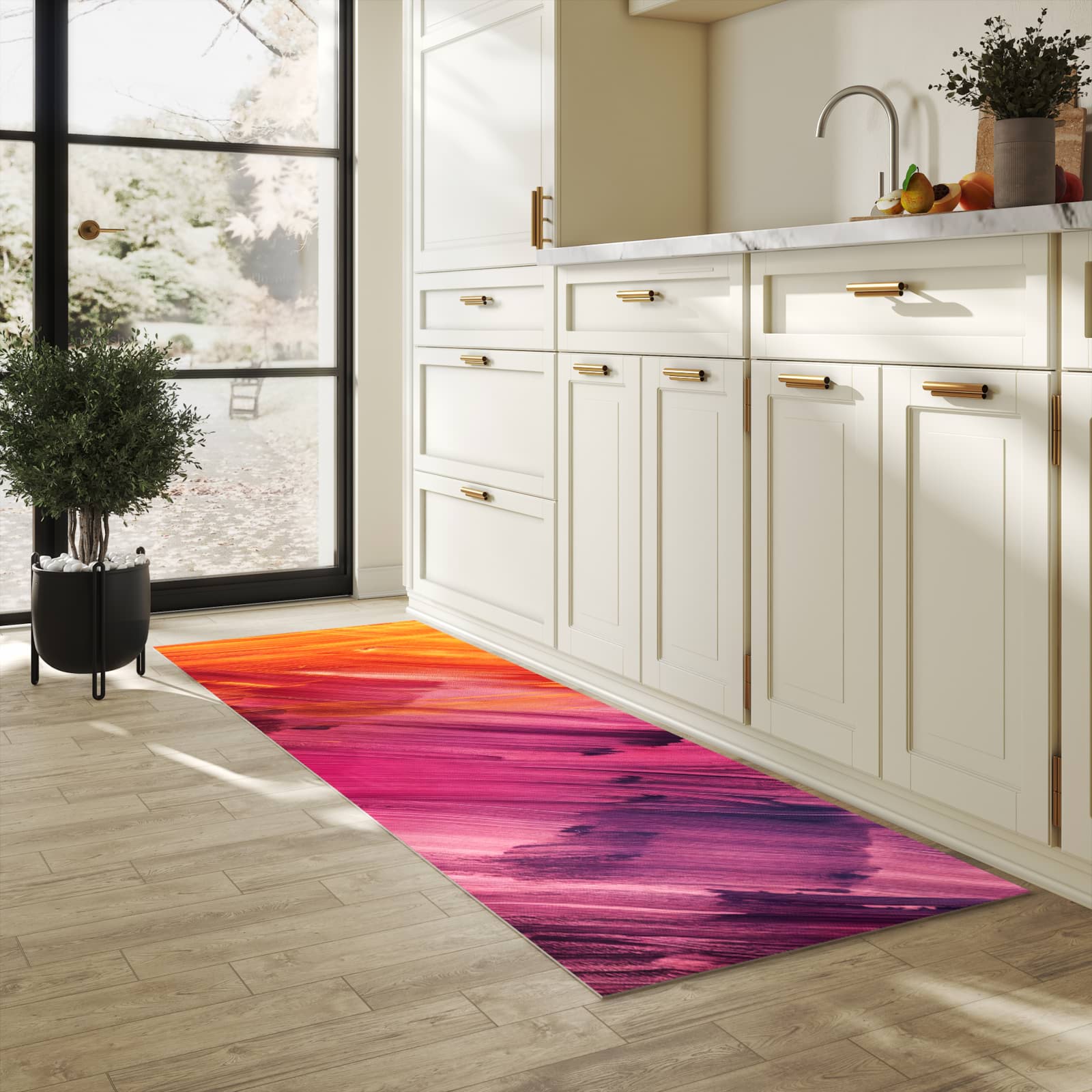 Feuchtigkeitsresistenter Küchenteppich mit Motiv Abstrakte Farben in heller Küche