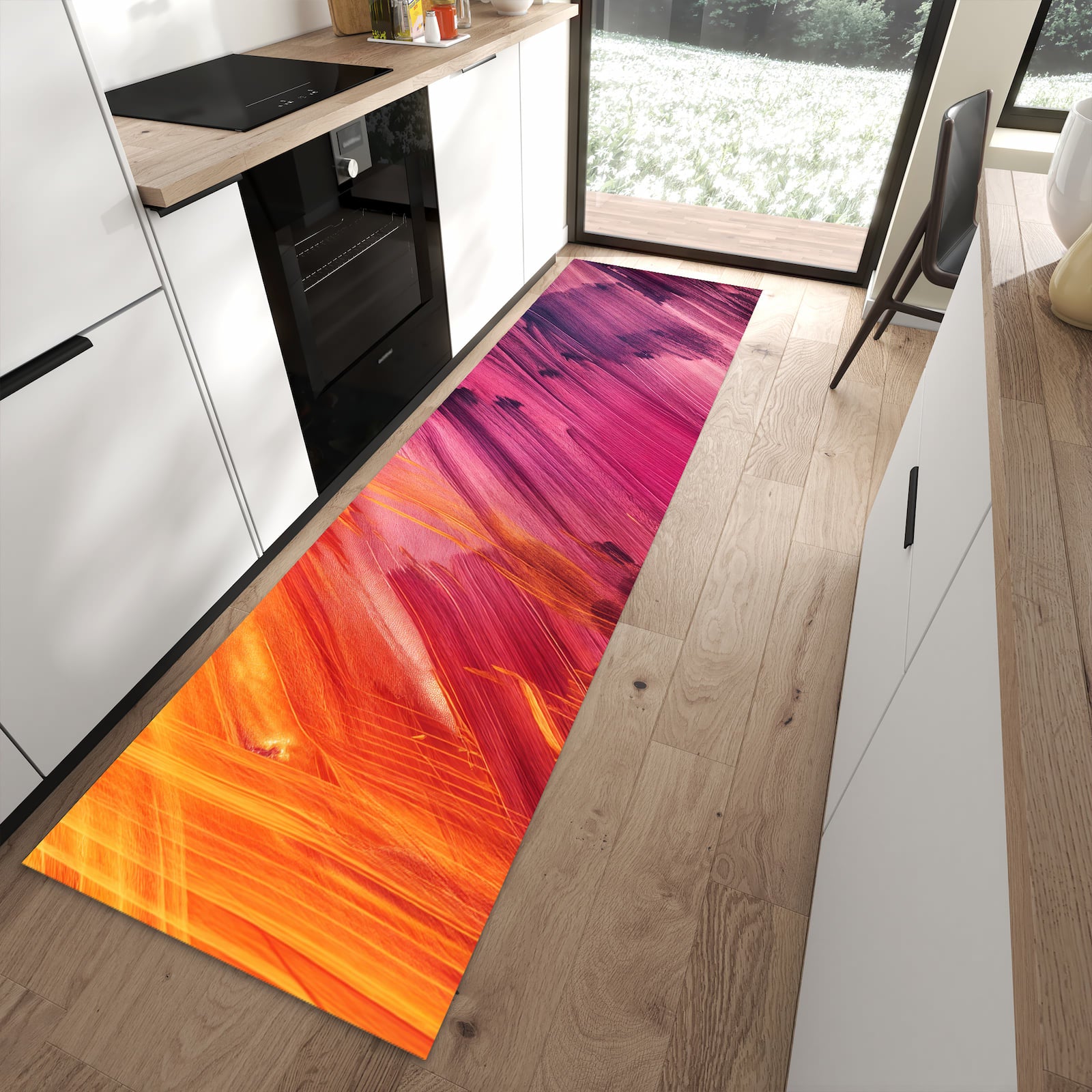 Feuchtigkeitsresistenter Küchenläufer mit Motiv Abstrakte Farben in moderner Küche