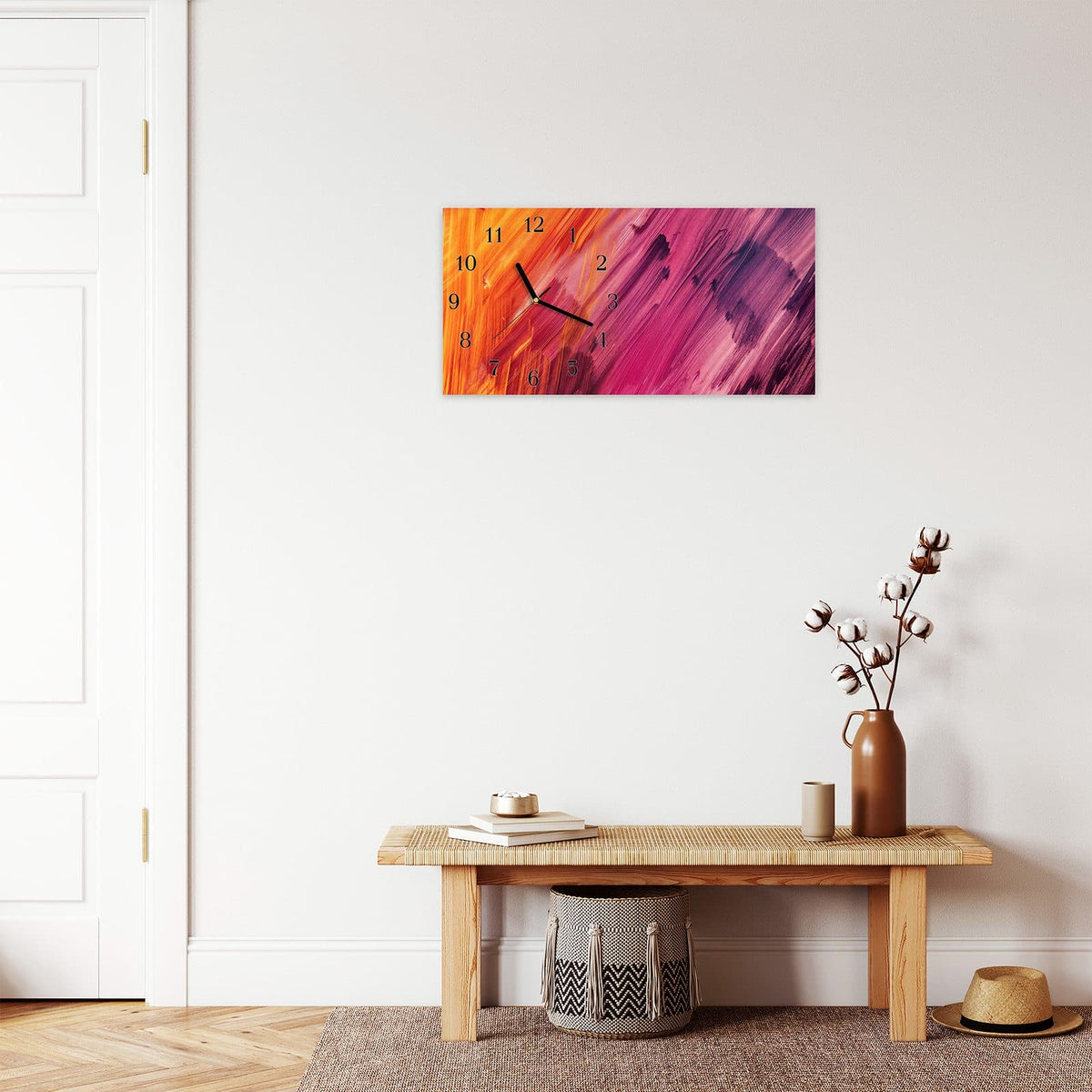 Moderne Wanduhr aus Glas mit Farbtiefe – Wanduhr Abstrakte Farben aus Glas – Querformat 60 × 30 cm