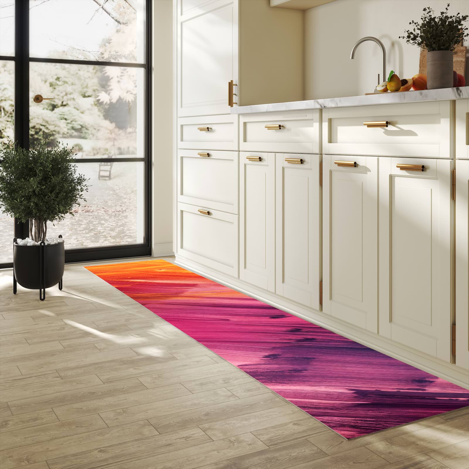 Waschbarer Bodenläufer Teppich mit Motiv Abstrakte Farben in heller Küche