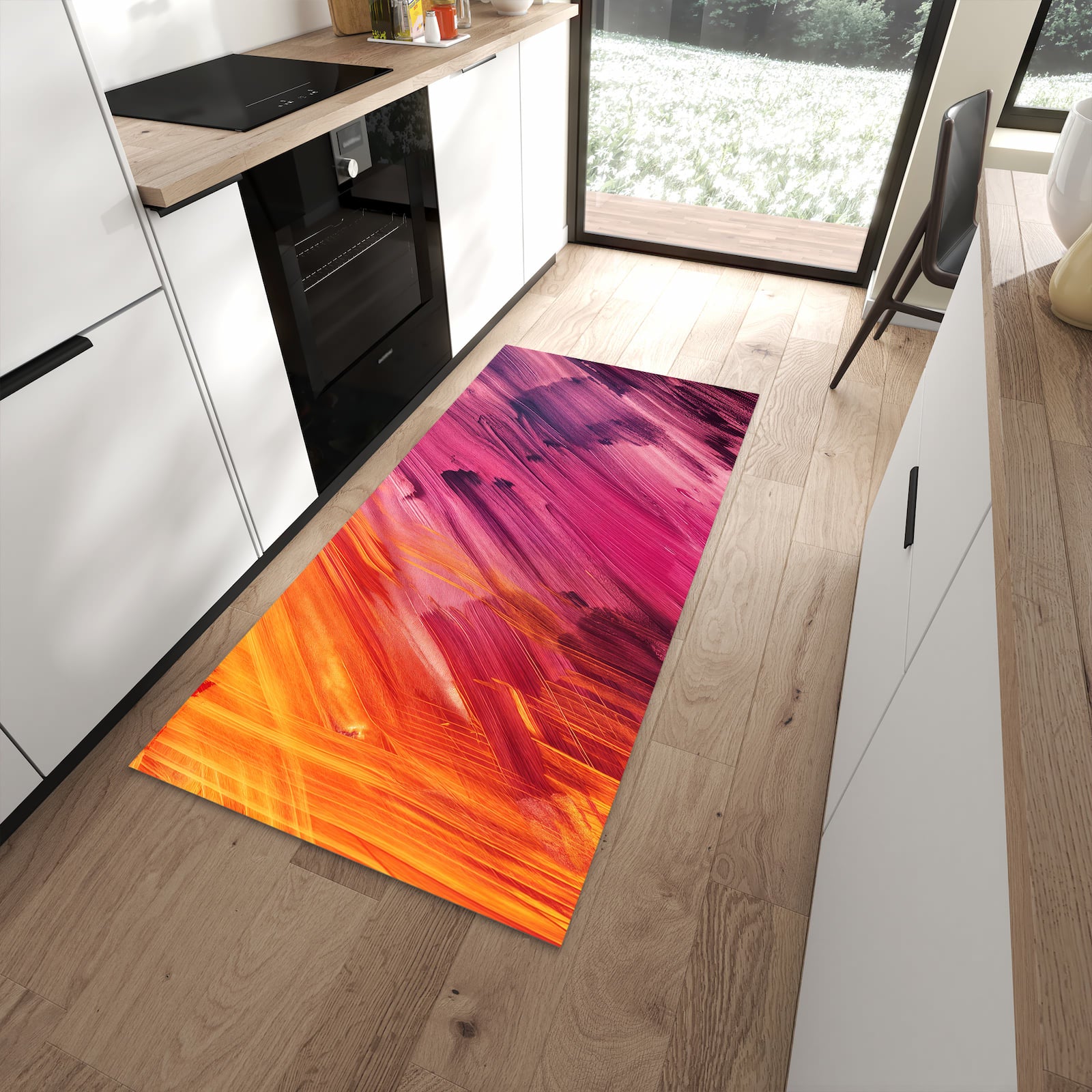 Ordnungsschaffender Teppichläufer mit Motiv Abstrakte Farben in moderner Küche