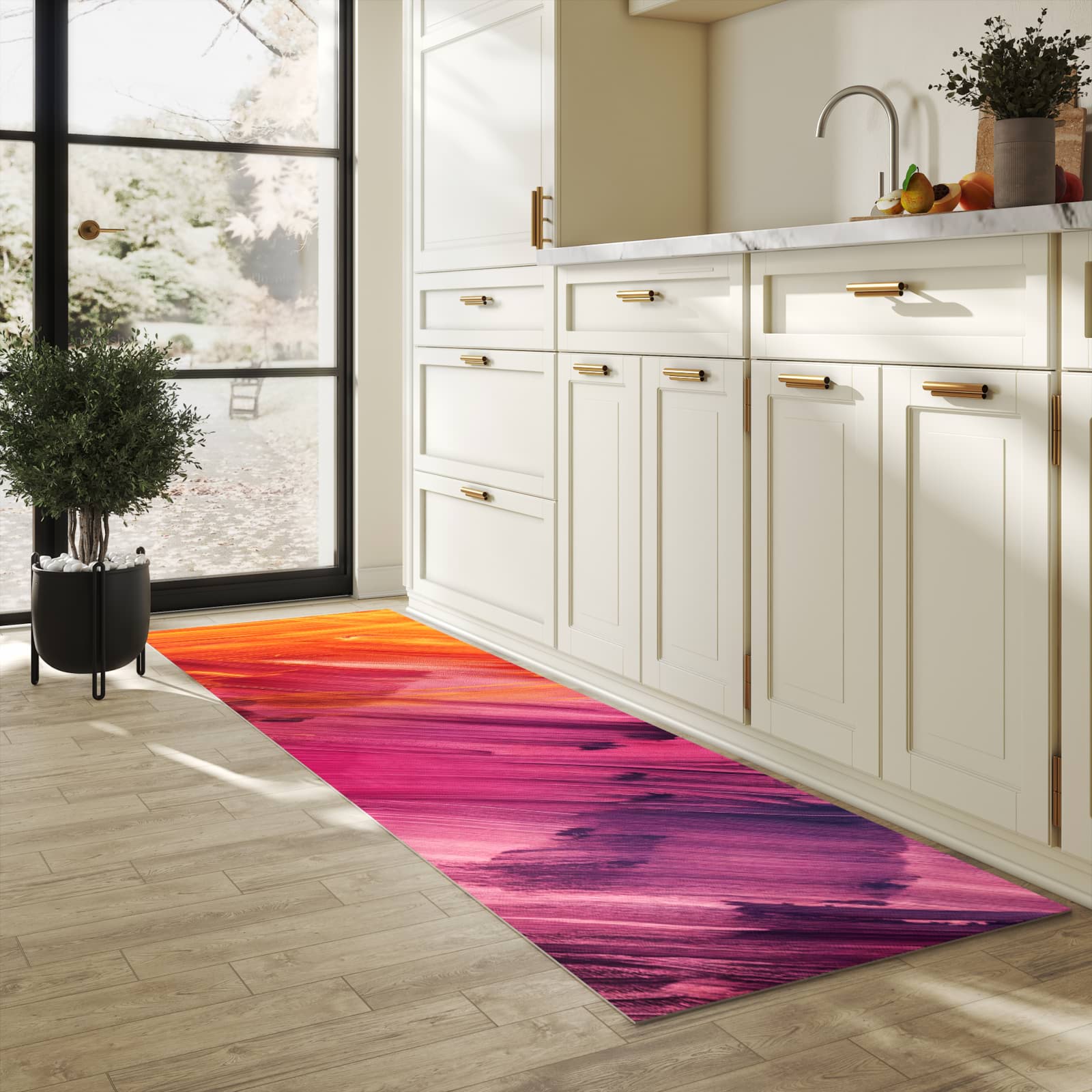 Rutschfester Küchenteppich mit Motiv Abstrakte Farben in heller Küche schützt den Boden