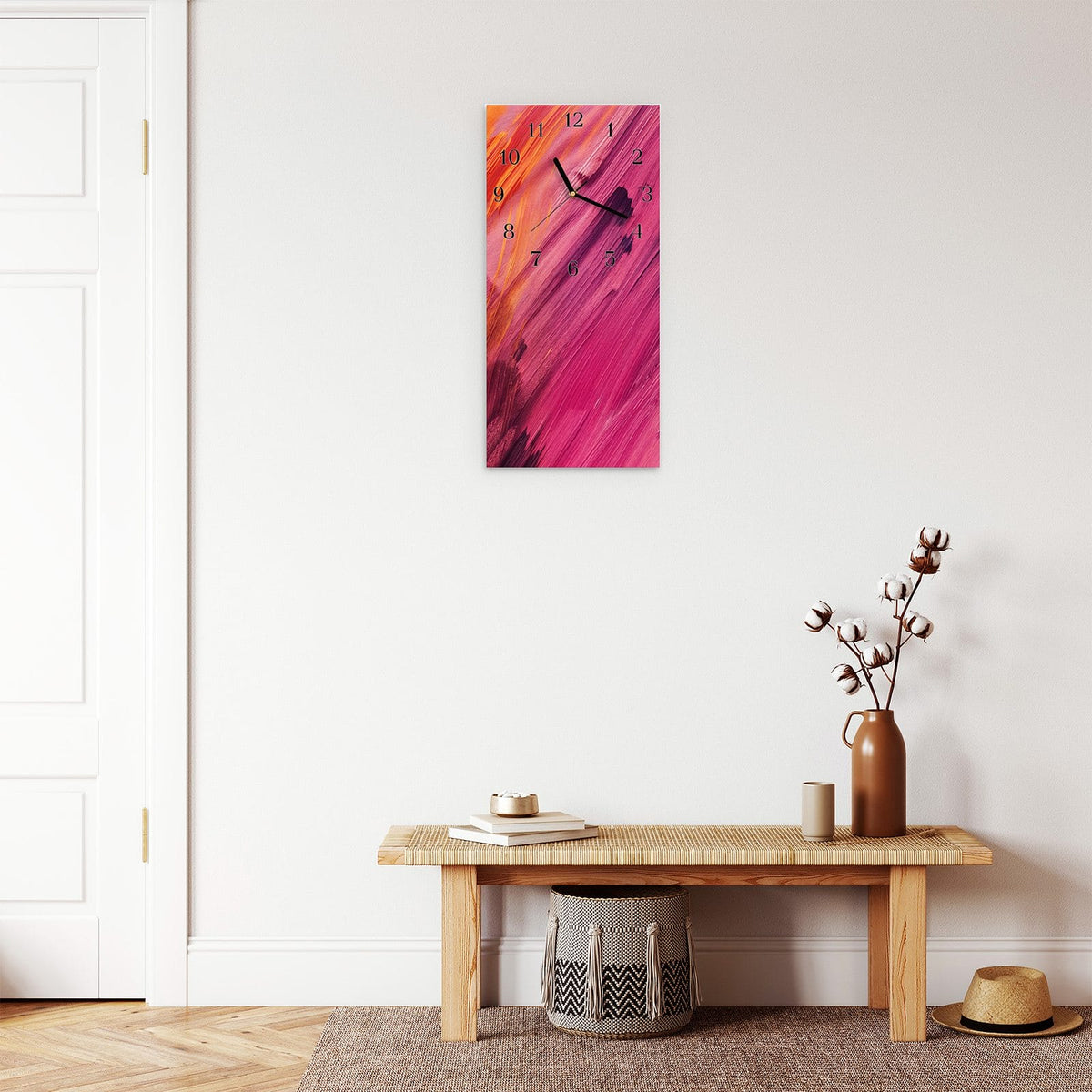 Moderne Wanduhr aus Glas mit Farbtiefe – Wanduhr Abstrakte Farben aus Glas – Hochformat 30 × 60 cm