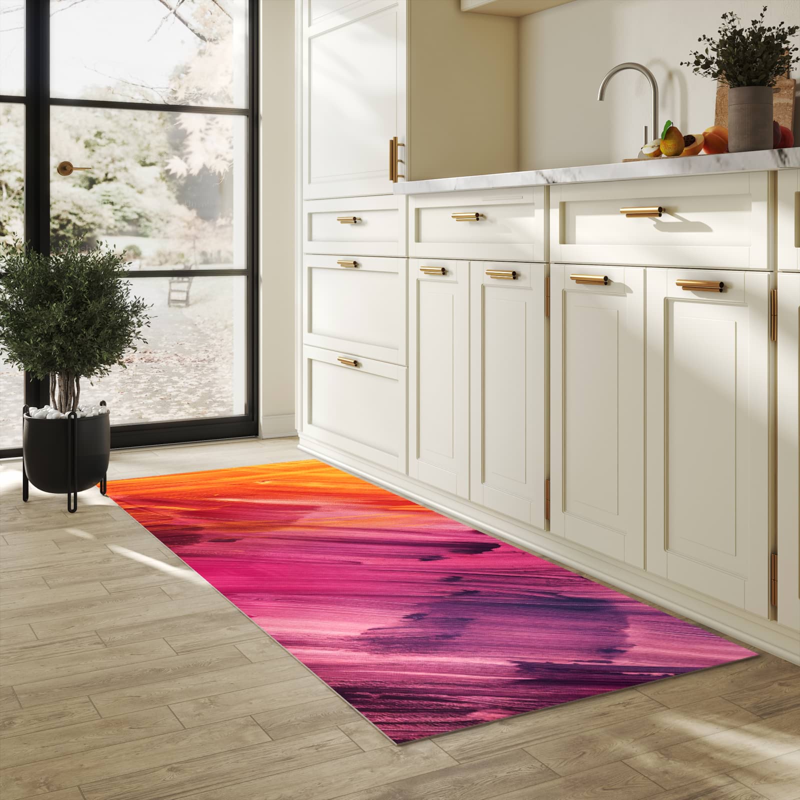 Farbbeständiger waschbarer Küchenteppich mit Motiv Abstrakte Farben in heller Küche