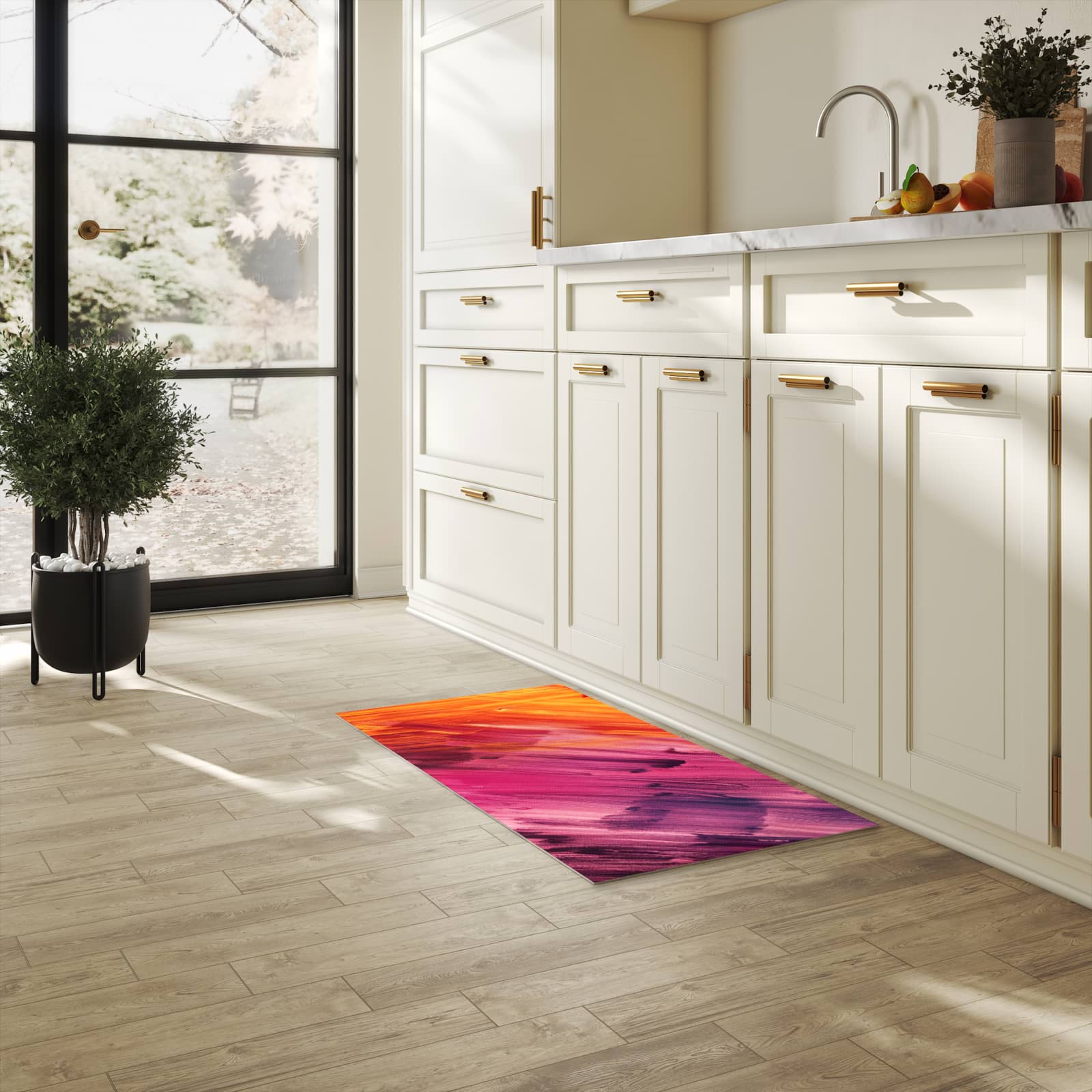 Rutschfester dünner Küchenteppich mit Motiv Abstrakte Farben in heller Küche