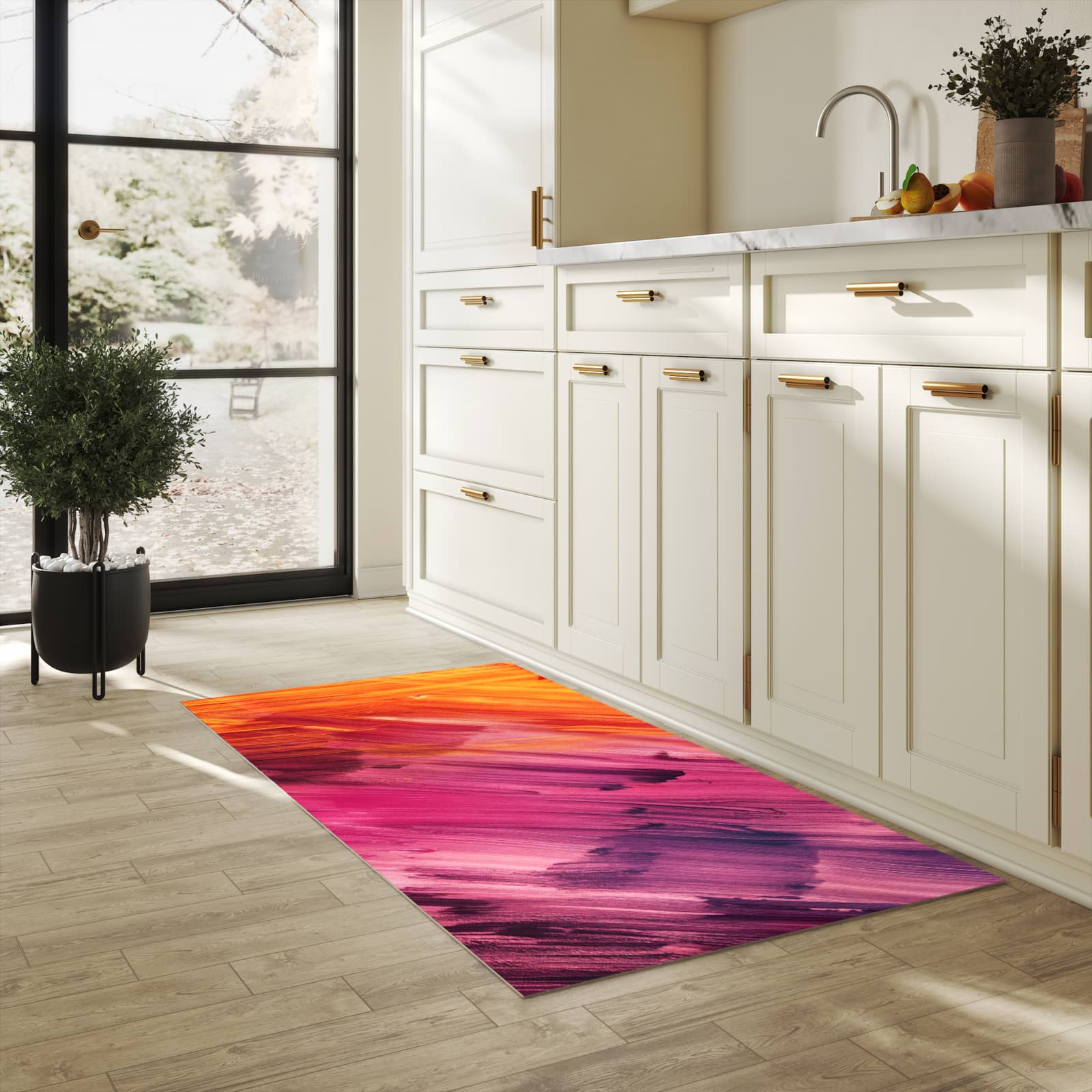 Bodenschonender waschbarer Küchenteppich mit Motiv Abstrakte Farben in heller Küche