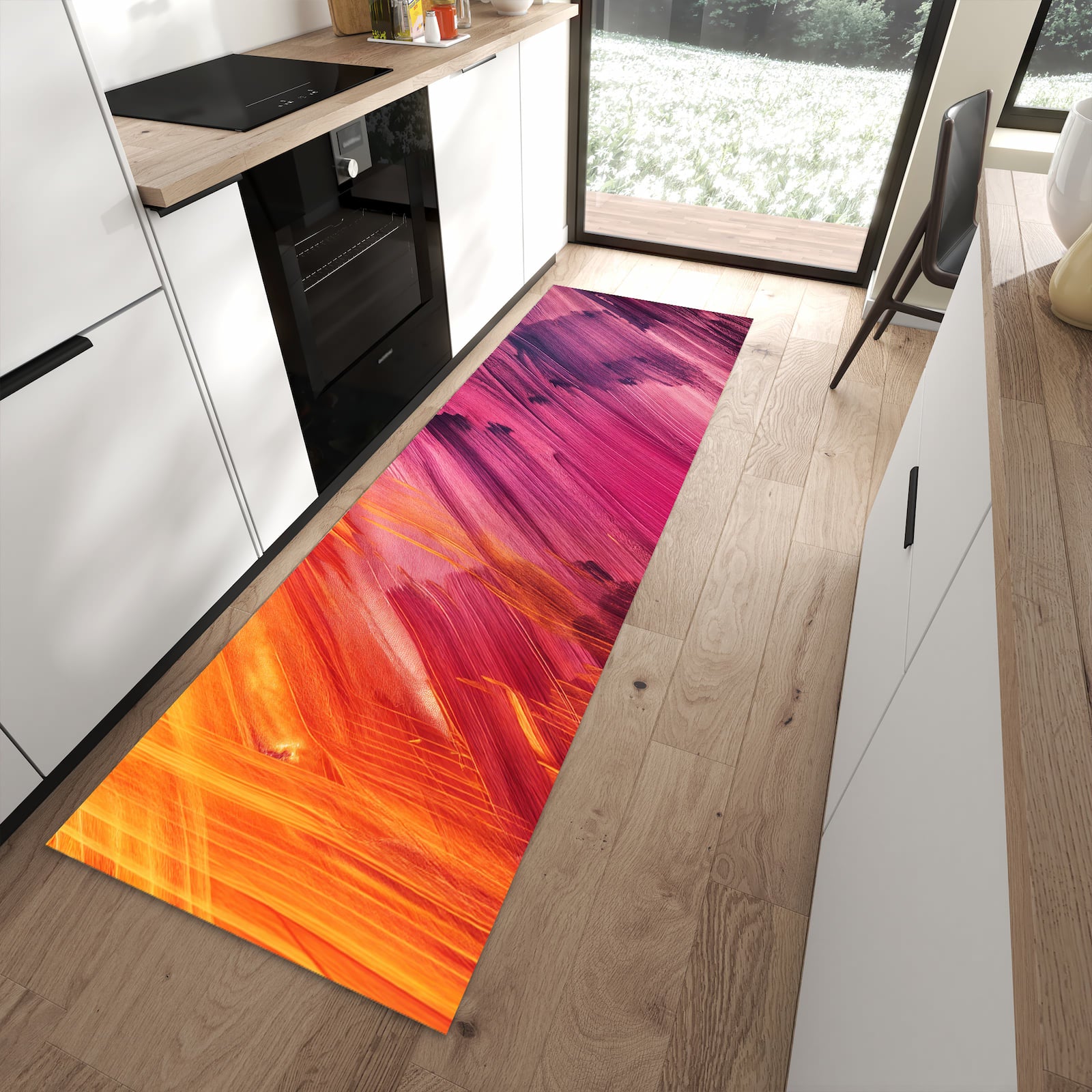 Rutschfester waschbarer Küchenteppich mit Motiv Abstrakte Farben in moderner Küche