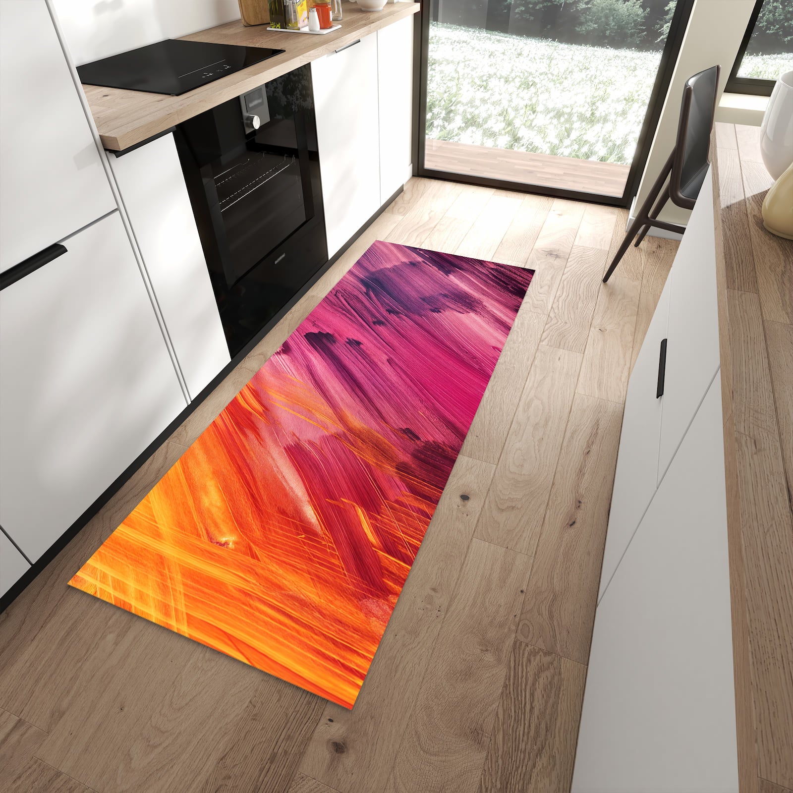 Langlebiger Küchenvorleger mit Motiv Abstrakte Farben in moderner Küche