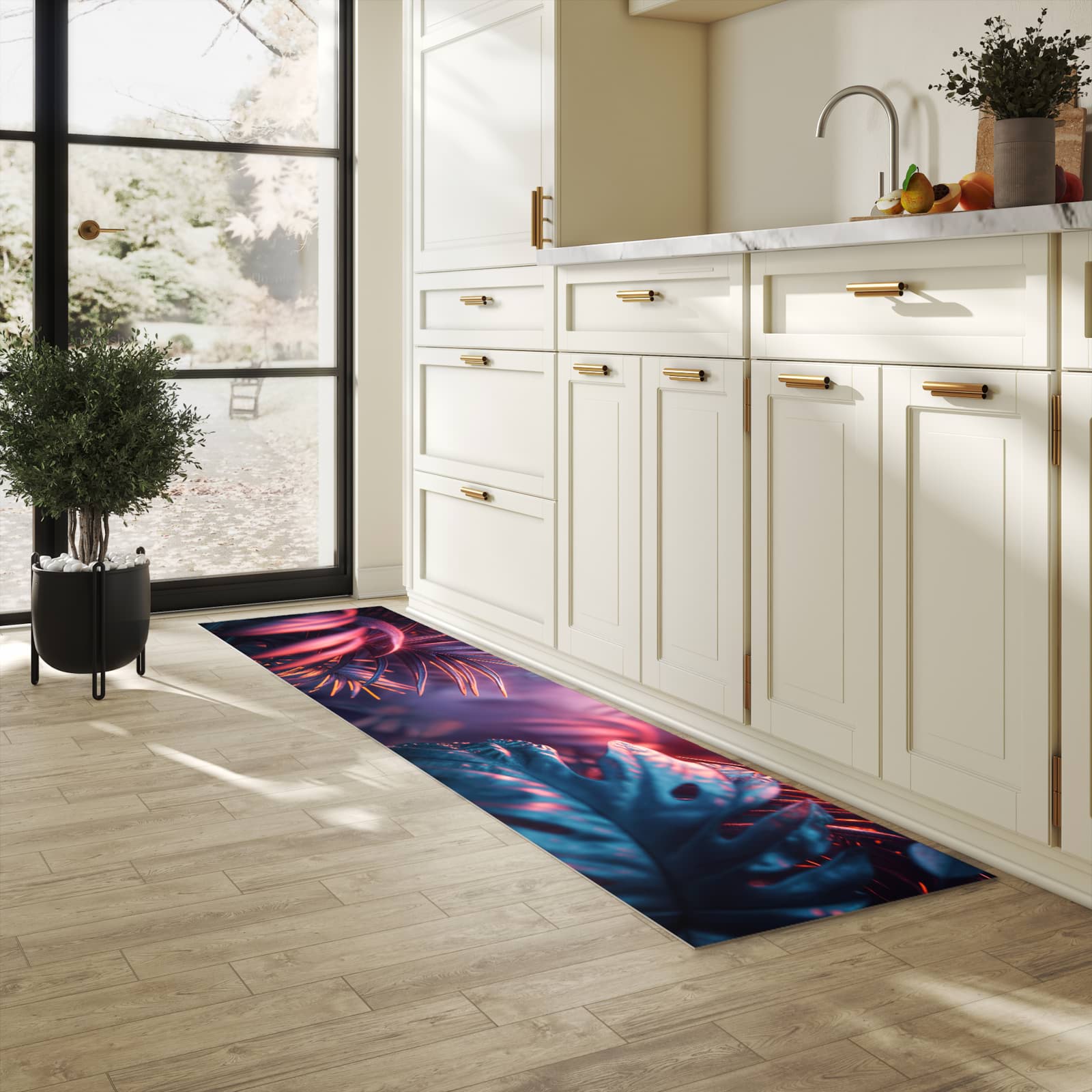 Komfortabler Küchenläufer mit Motiv Lichtdurchfluteter Dschungel in heller Küche für angenehmes Stehen