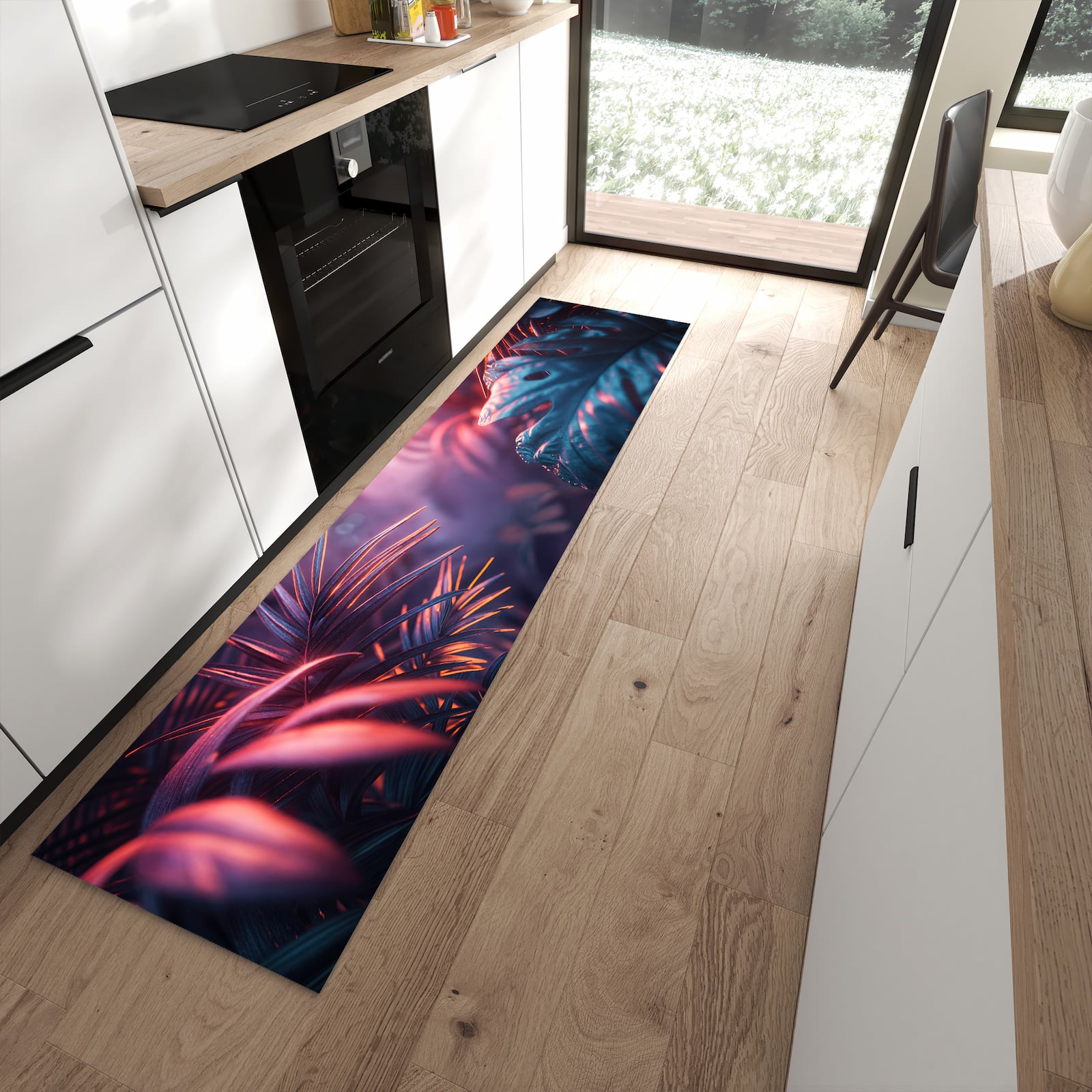 Abriebfester Küchenläufer nach Maß mit Motiv Lichtdurchfluteter Dschungel in moderner Küche