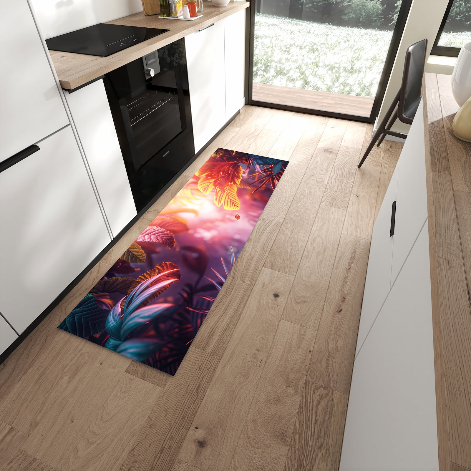 Geräuschdämpfender Küchenläufer mit Motiv Lichtdurchfluteter Dschungel in moderner Küche