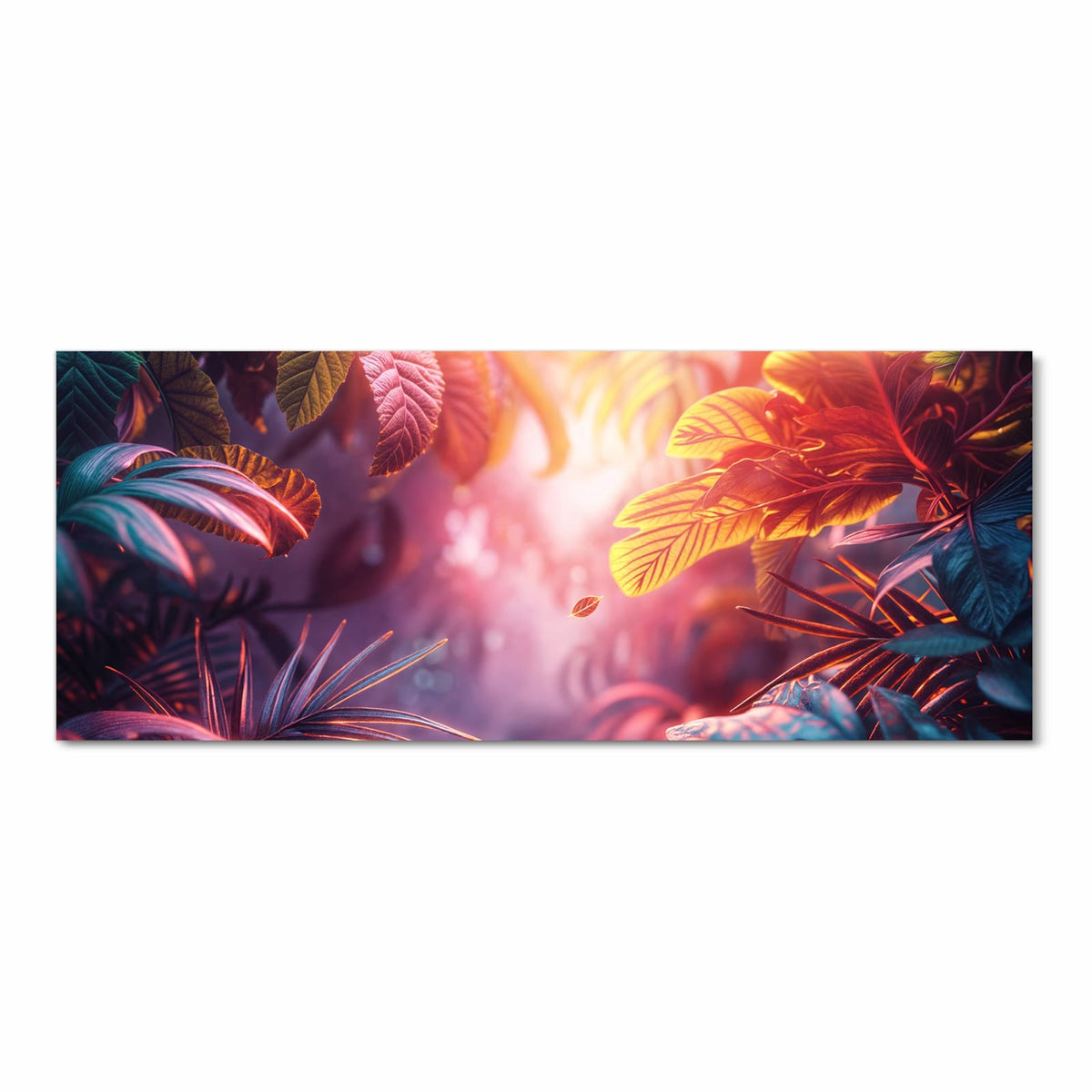 Tropische Monstera- und Palmblätter in Petrol und Rot in rosa Kunstlicht