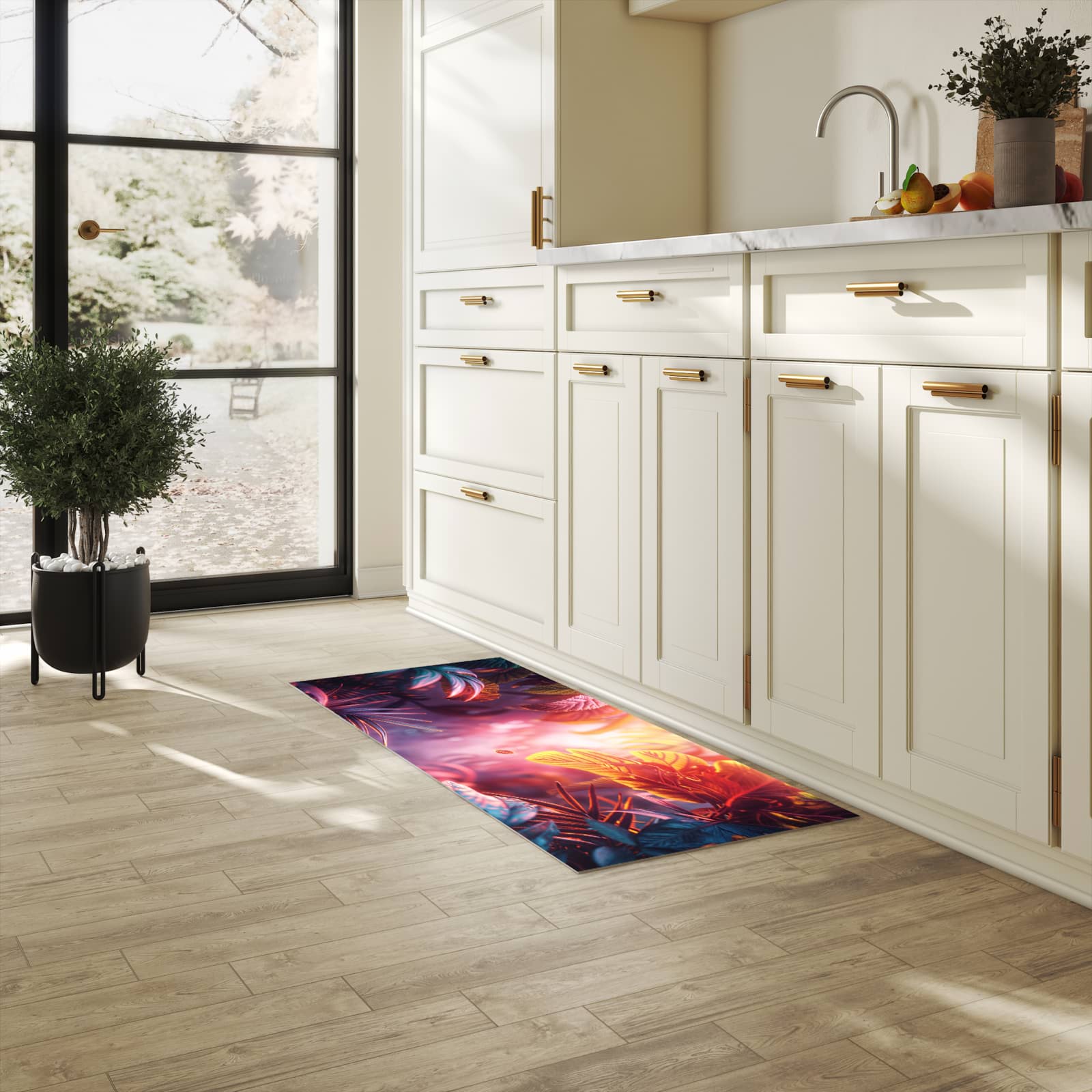 Geräuschdämpfender Küchenvorleger mit Motiv Lichtdurchfluteter Dschungel in heller Küche