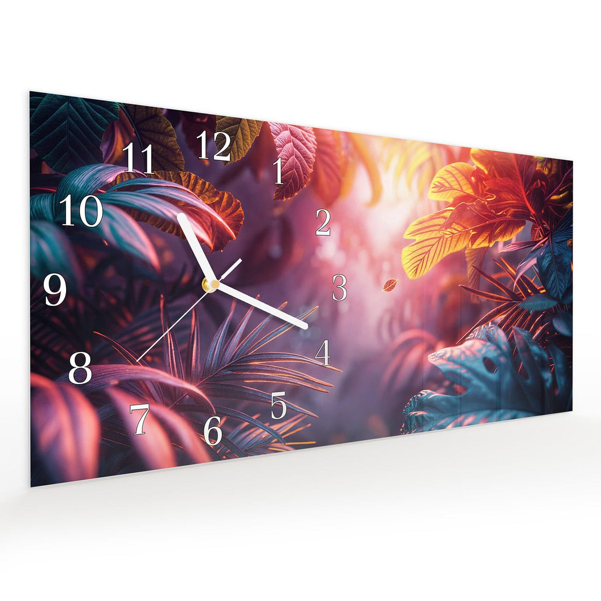 Vormontiert – mit Schwebeeffekt – Wanduhr Lichtdurchfluteter Dschungel aus Glas – Querformat 60 × 30 cm