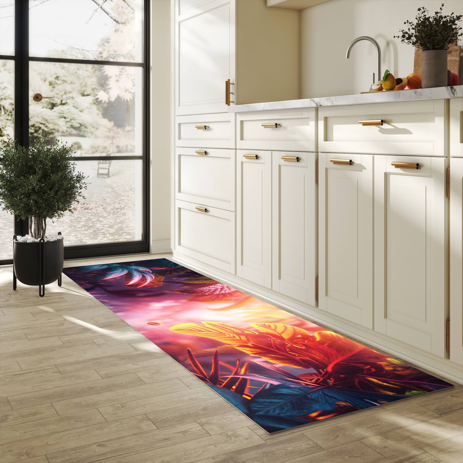 Langlebiger Läufer mit Motiv Lichtdurchfluteter Dschungel für Eingangsbereich in heller Küche