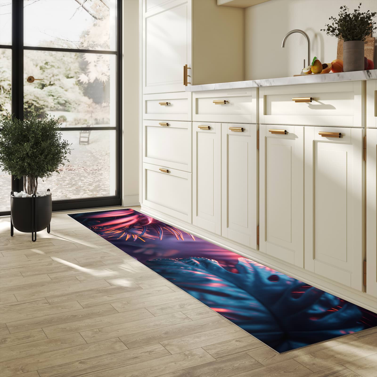 Wasserabweisender Teppichläufer mit Motiv Lichtdurchfluteter Dschungel in heller Küche