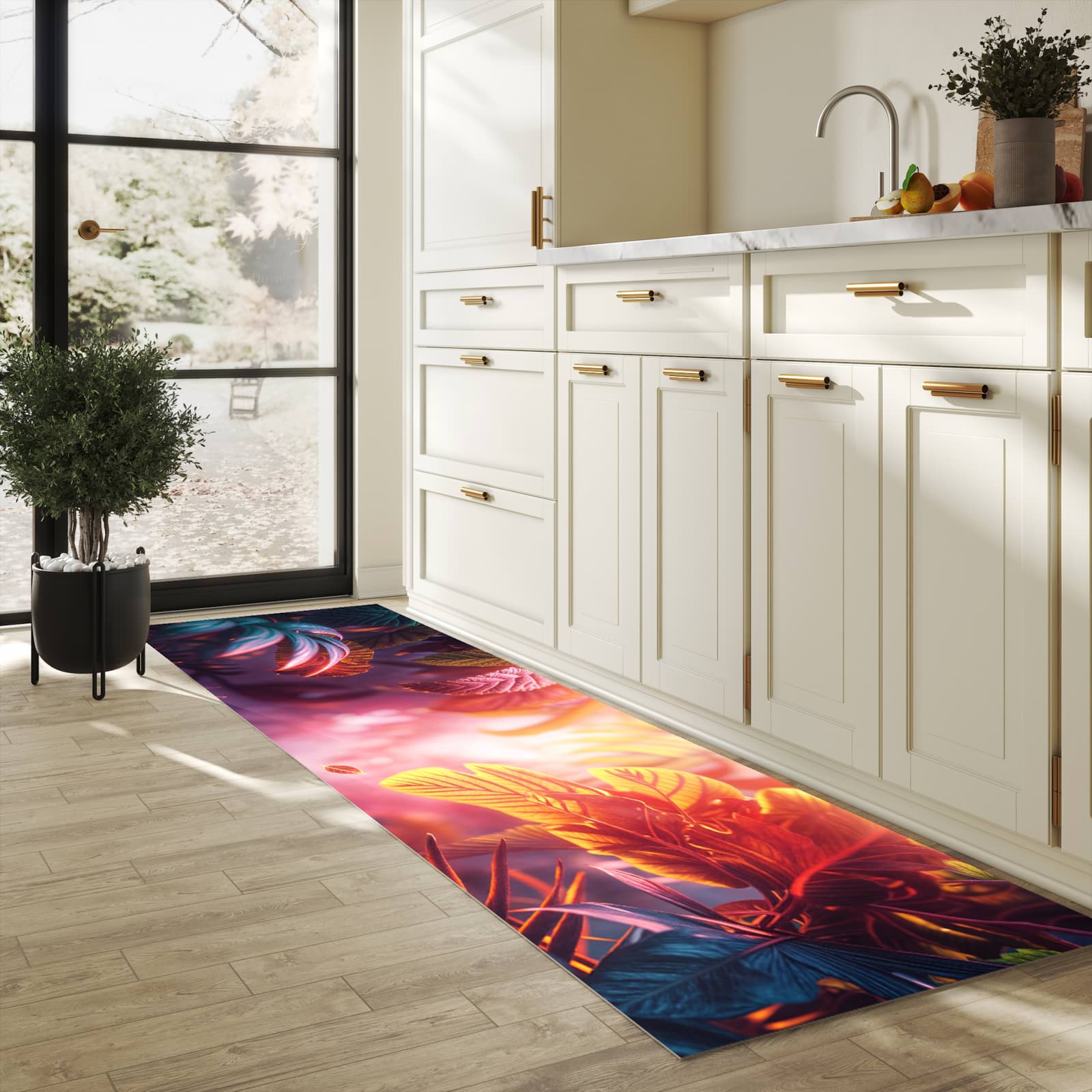 Flacher Läufer mit Motiv Lichtdurchfluteter Dschungel für rutschfesten Halt in heller Küche