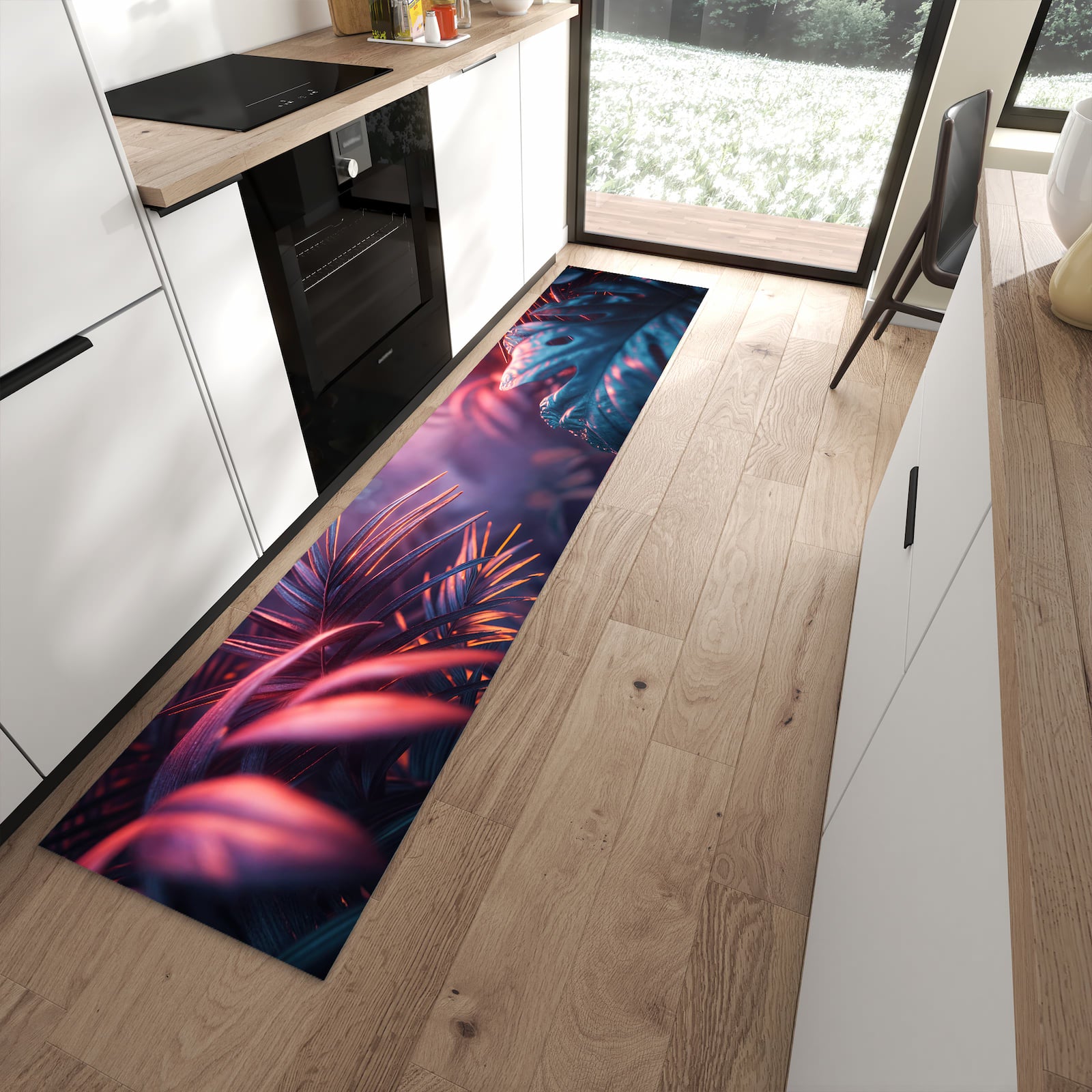 UV-beständiger Küchenläufer mit Motiv Lichtdurchfluteter Dschungel in moderner Küche - waschbar