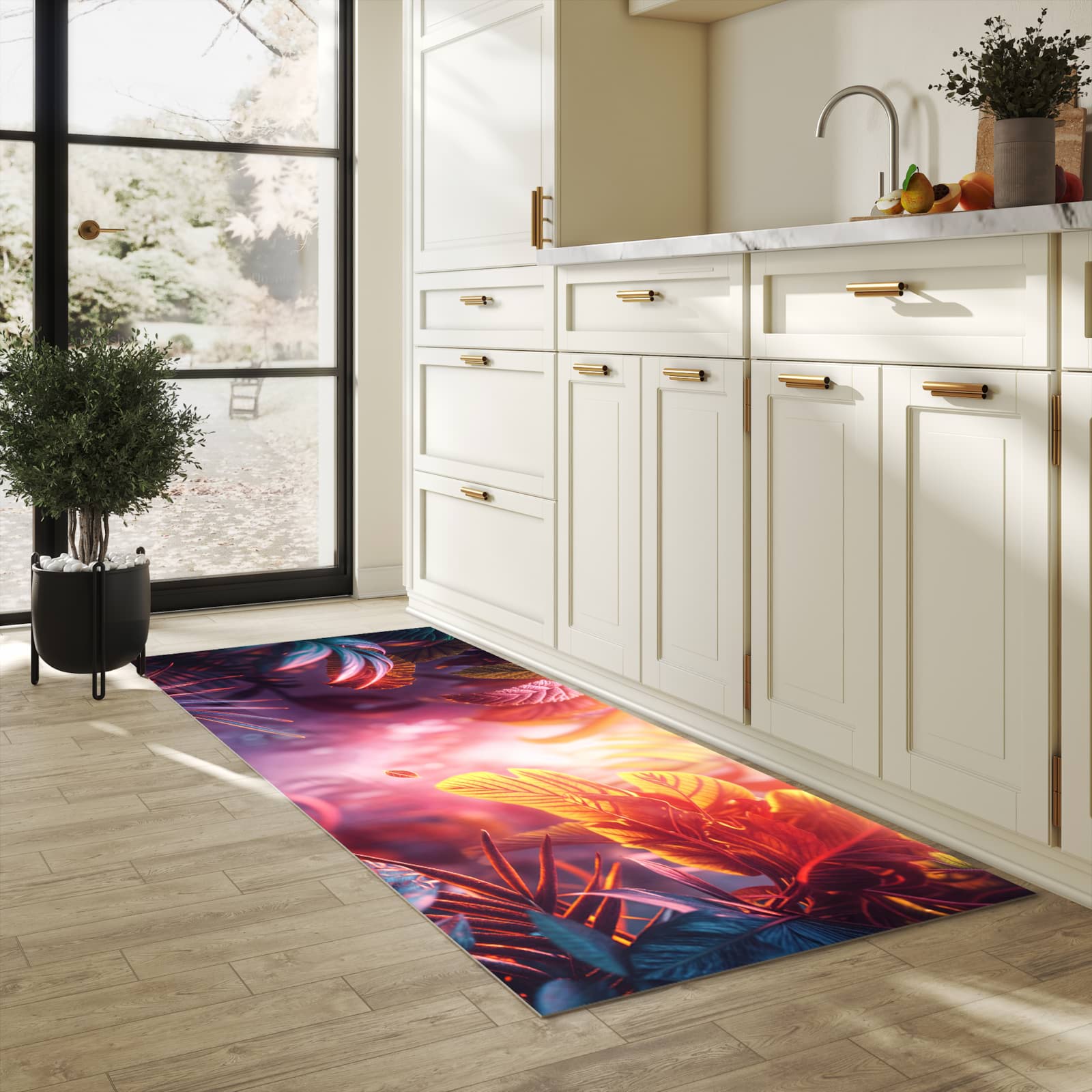 Komfortabler rutschfester Küchenteppich mit Motiv Lichtdurchfluteter Dschungel in heller Küche