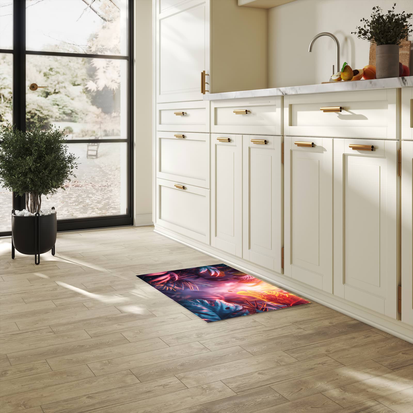 Fleckenresistenter waschbarer Läufer mit Motiv Lichtdurchfluteter Dschungel in heller Küche