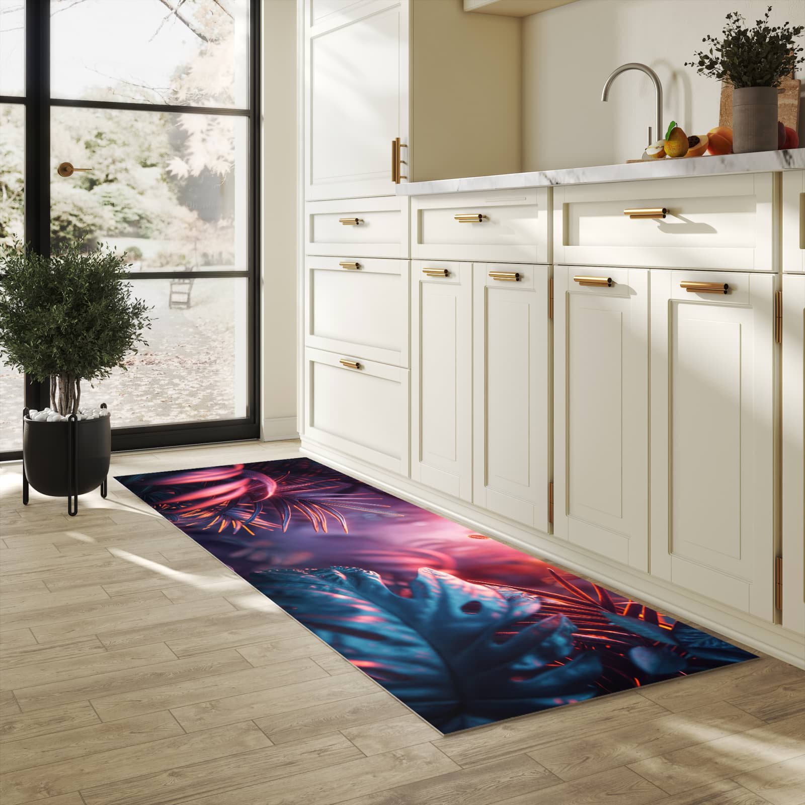 Geruchsneutraler langer Teppich mit Motiv Lichtdurchfluteter Dschungel in heller Küche