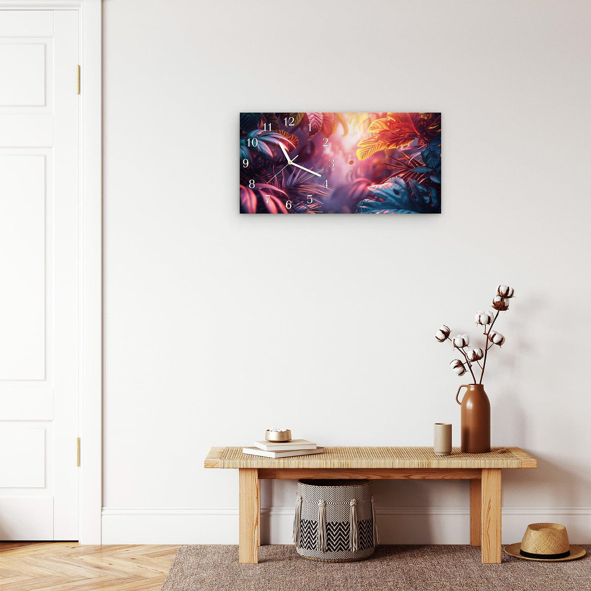 Moderne Wanduhr aus Glas mit Farbtiefe – Wanduhr Lichtdurchfluteter Dschungel aus Glas – Querformat 60 × 30 cm