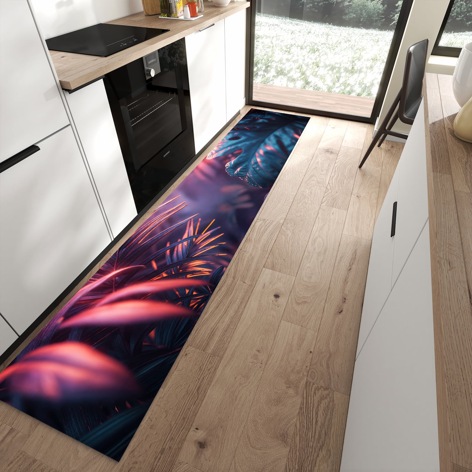 Komfortabler Küchenläufer mit Motiv Lichtdurchfluteter Dschungel in moderner Küche